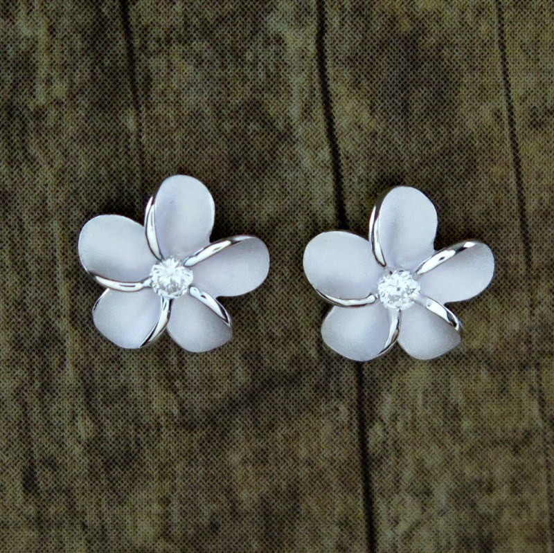 Hawaiian Design Jewelry 925 Sterling Silver Plumeria Flowers Post Stud Earrings