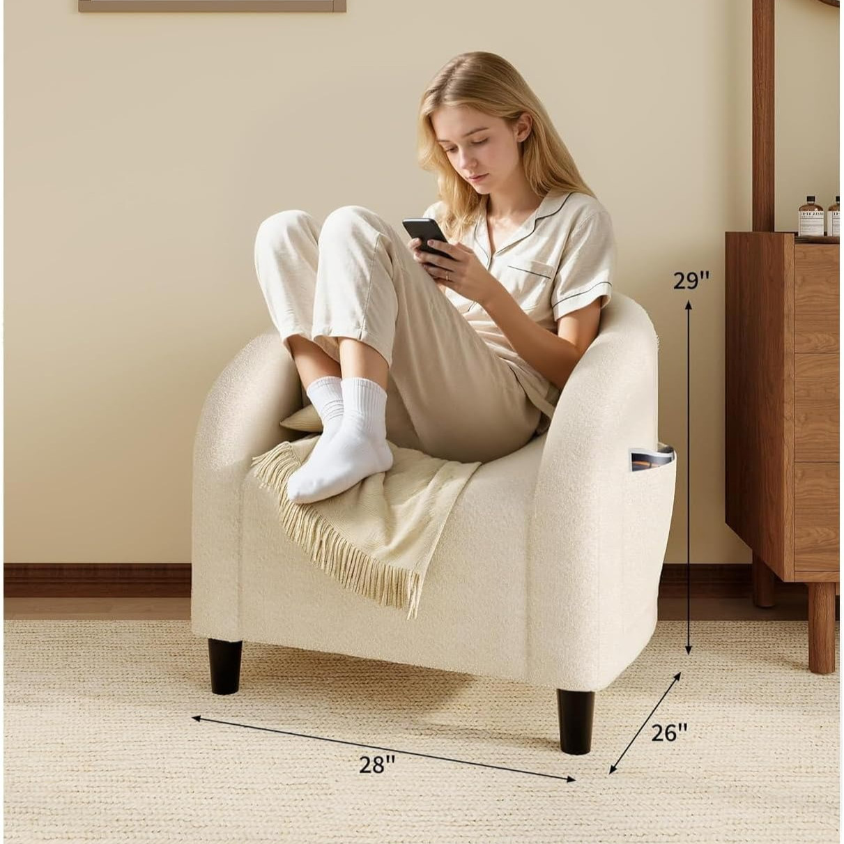 Comfortable White Velvet Club Armchair with Curved Back for Office & Reception