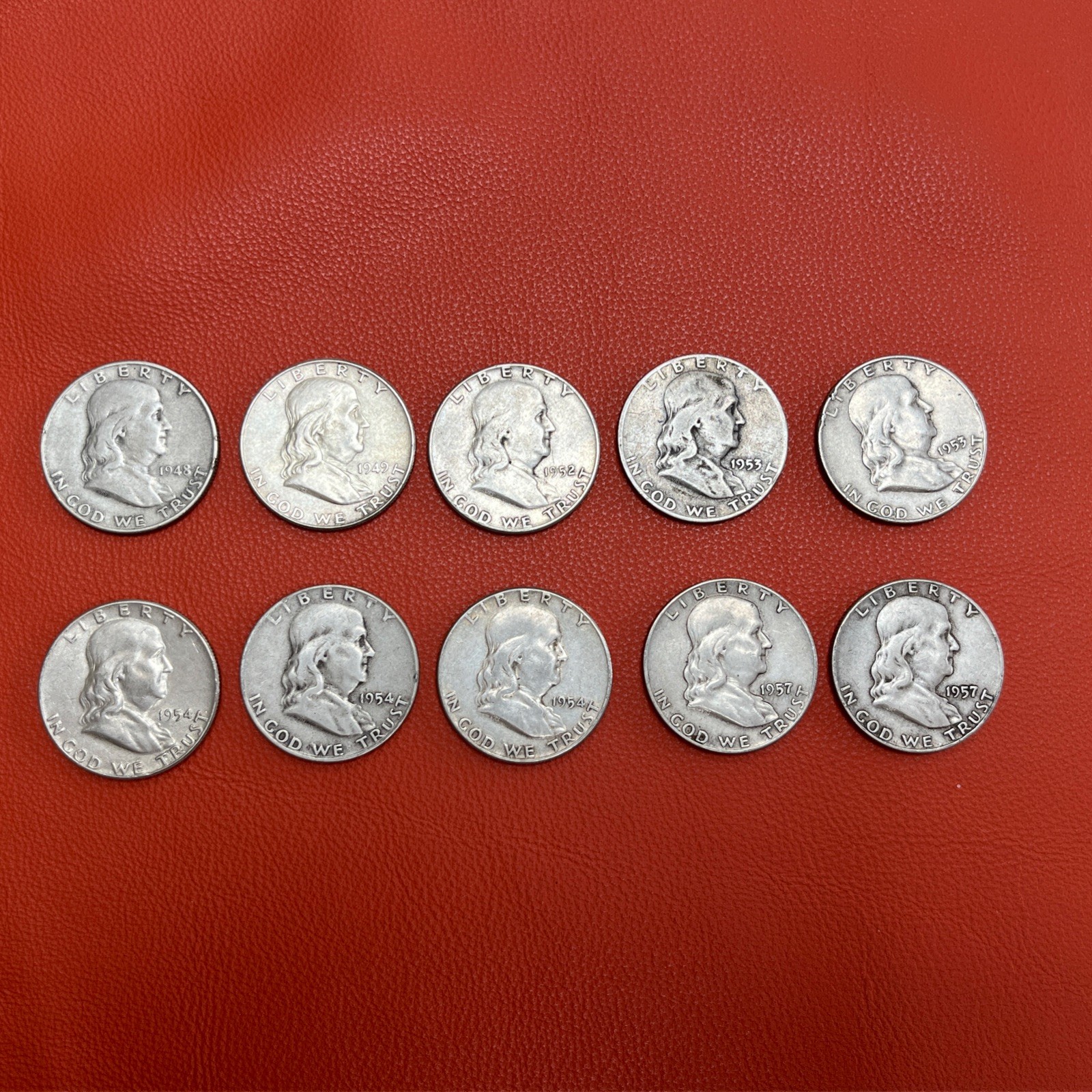 10 Franklin Silver Half Dollars 1948-1957 Mixed Dates 90% Silver Lot Early Dates