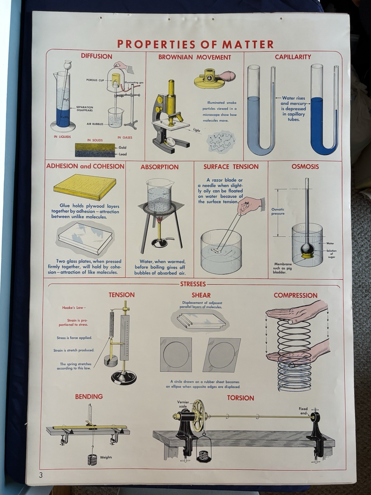 1952 Physics Science Class School Chart Poster Sargent Welch - Prop. of Matter