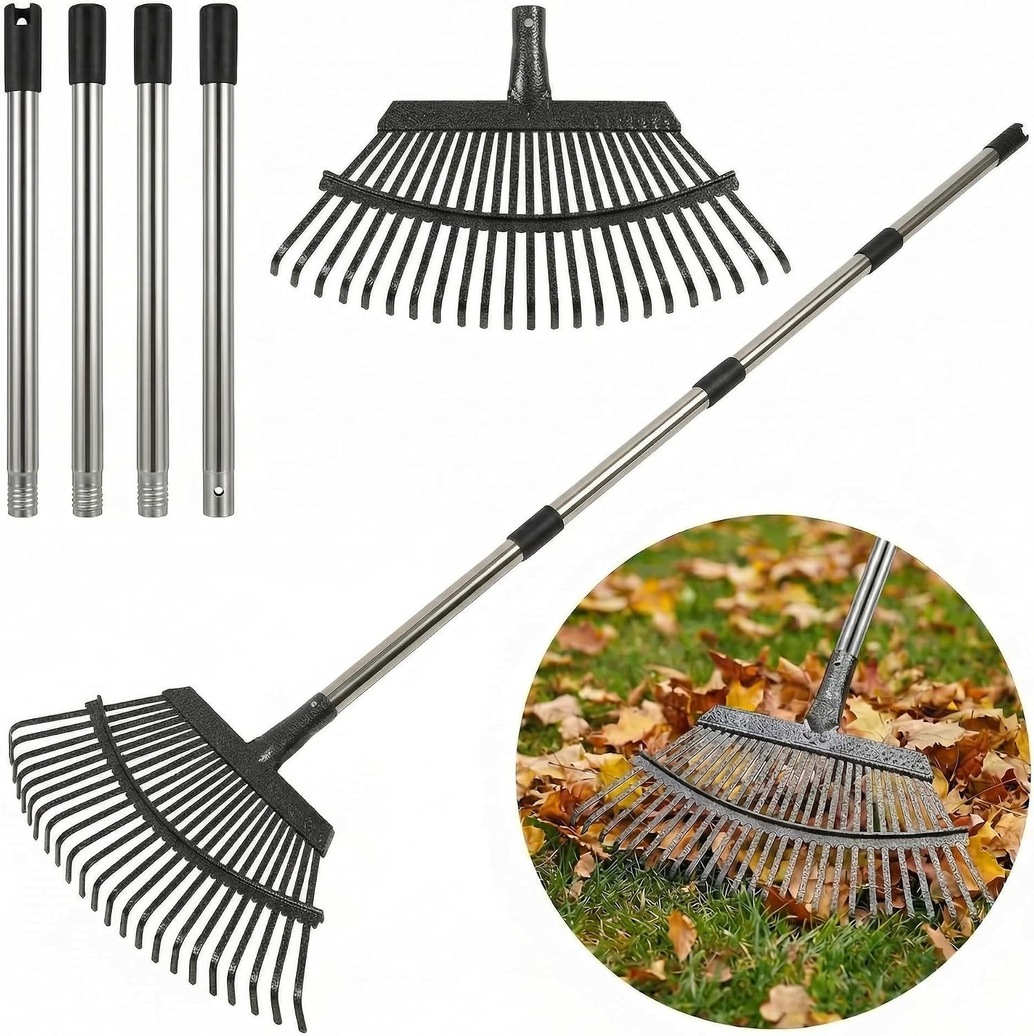 Heavy Duty Metal Bow Leaf Rake for Yard & Garden - 20" Wide Head with 25 Steel T