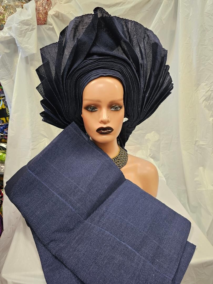 Navy Blue  Headtie With Shoulder Shal l Auto gele Headtie