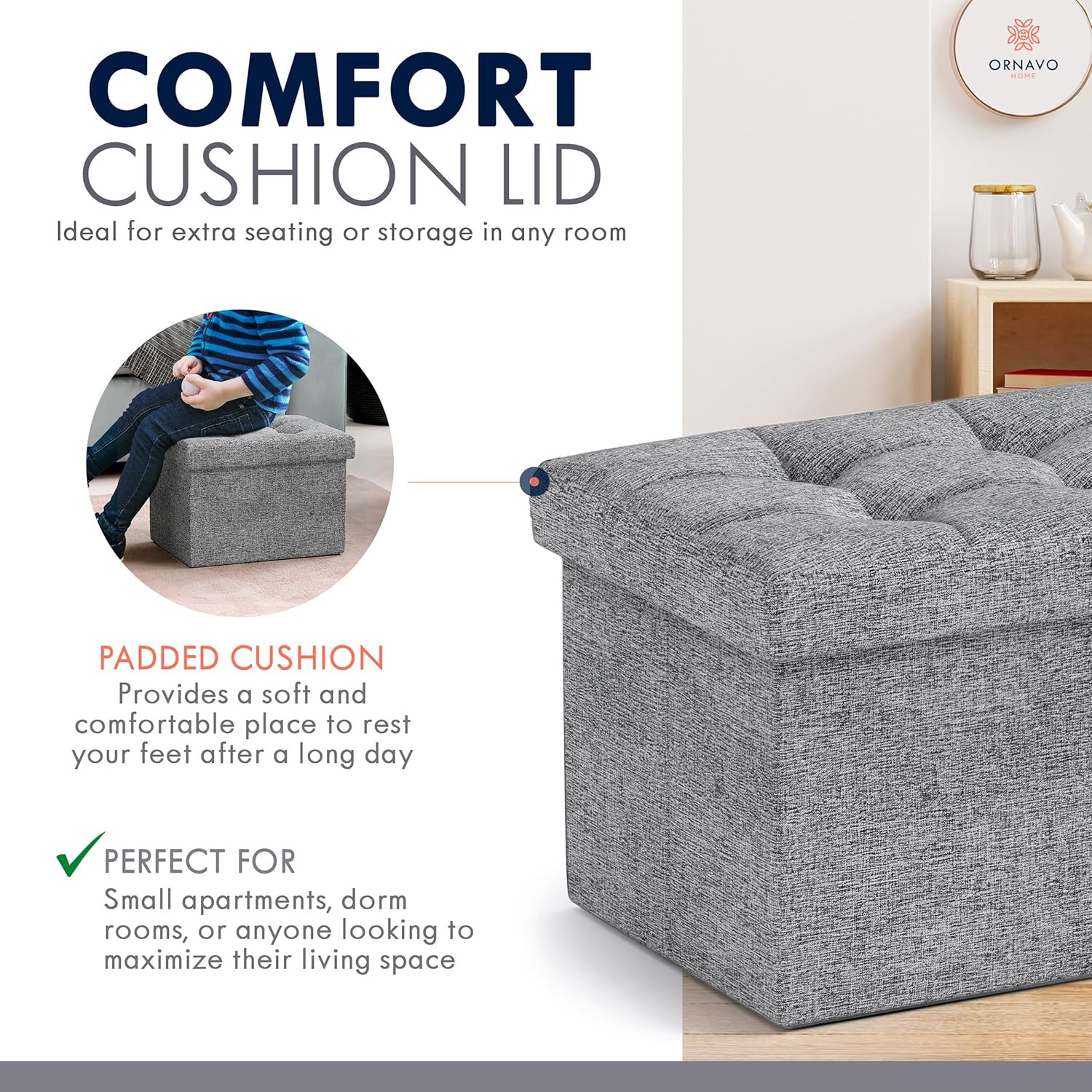 Small Storage Ottoman Foldable Collapsible Rectangle Linen Ottoman Foot Rest Sto