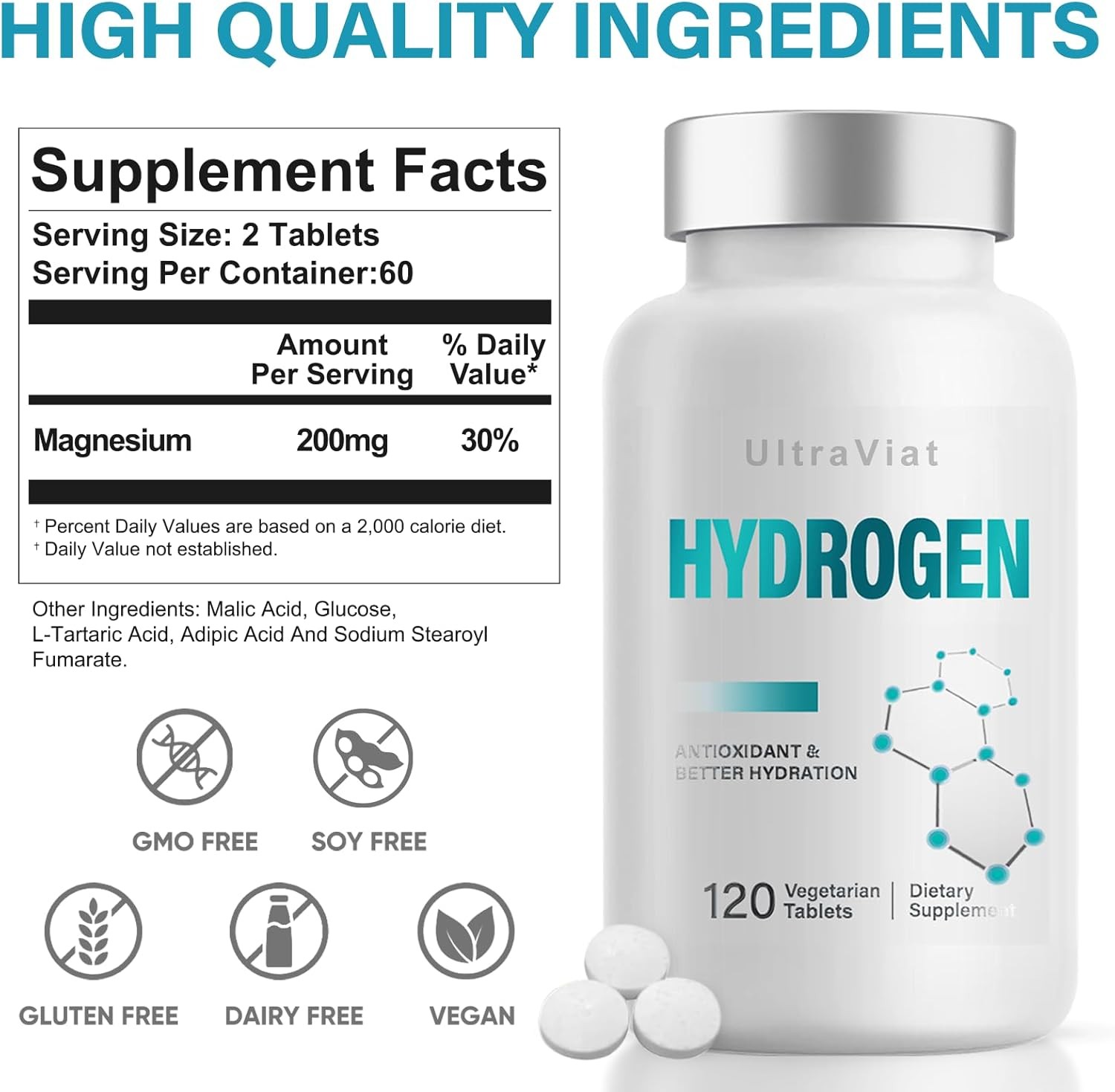 Hydrogen Water Tablets, 12 ppm H2 Molecular Hydrogen Supplement with Magnesium