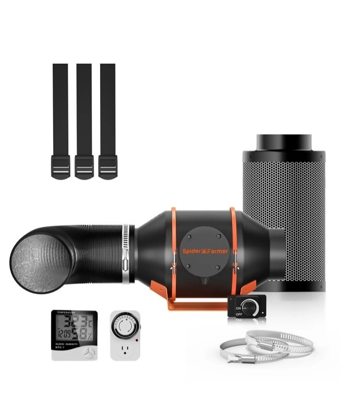 Inline Fan Air Ducting Carbon Filter Spider Farmer 4" 205 CFM Grow Kits.