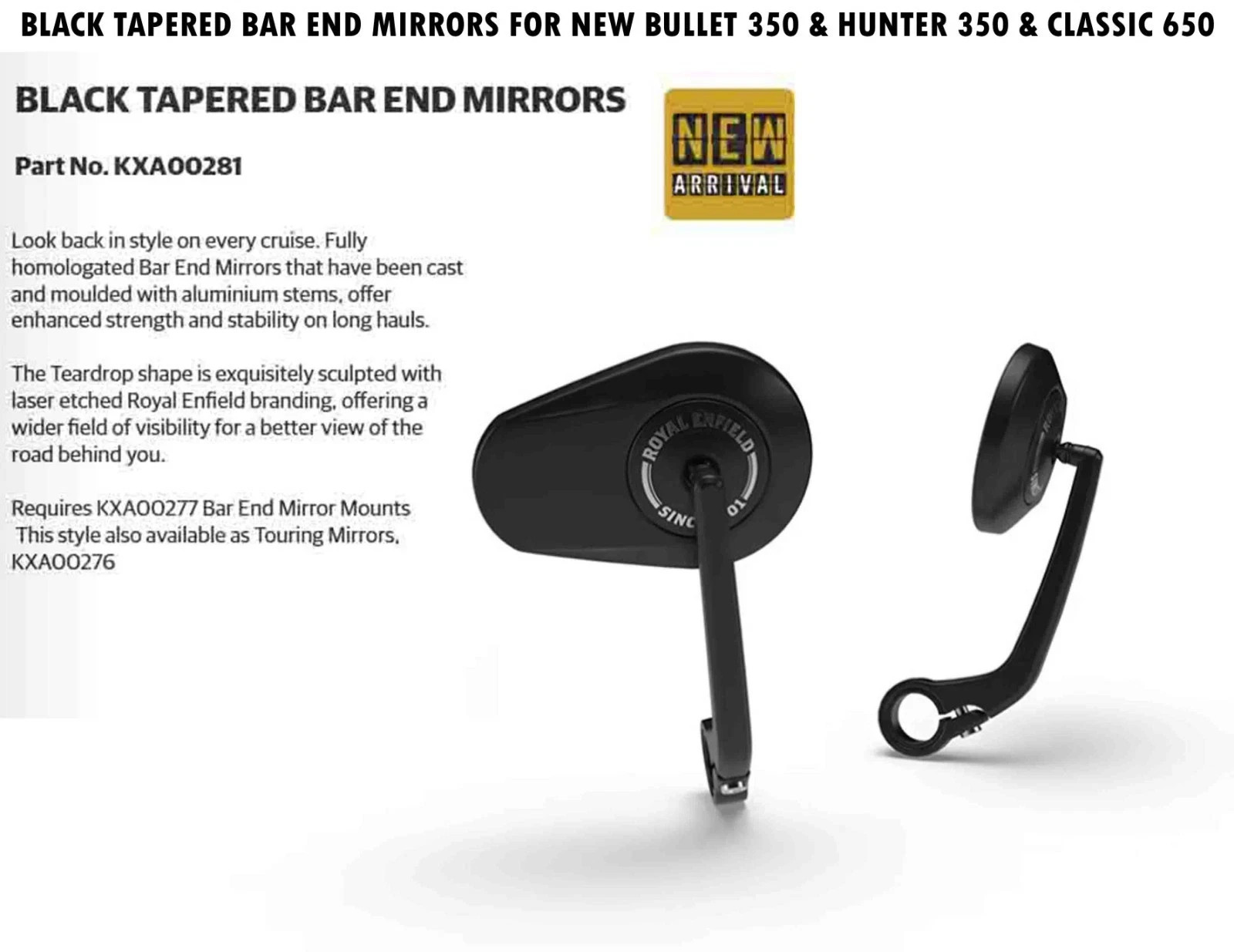 BLACK TAPPERED BAR END MIRRORS FIT FOR NEW BULLET 350 & HUNTER 350 & CLASSIC 650