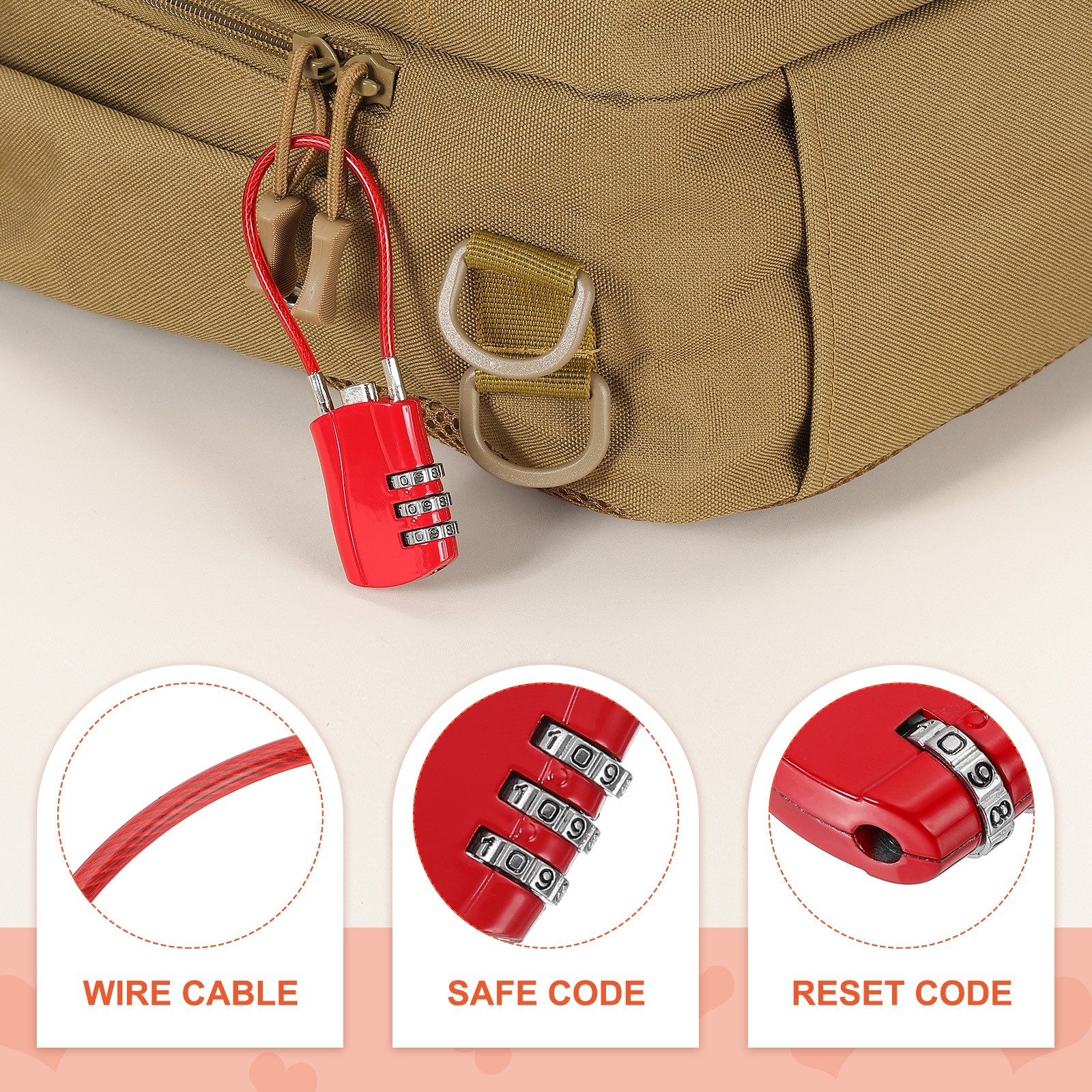 4 Pcs 3 Digit Luggage Cable Combination Lock with 5" Long Cable, Red