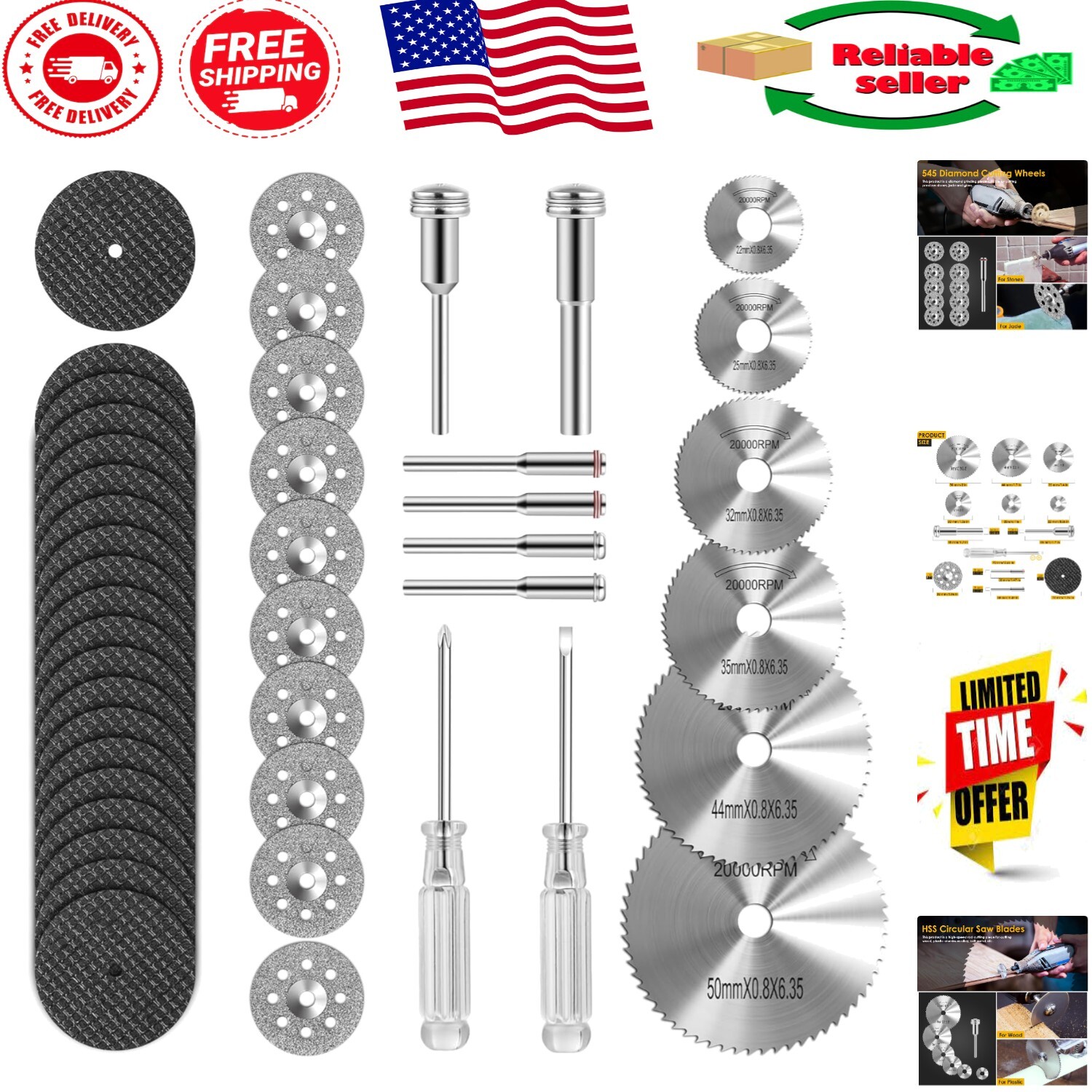 Comprehensive 44-Piece Cutting Wheel Set for Rotary Tools, Includes Screwdrivers