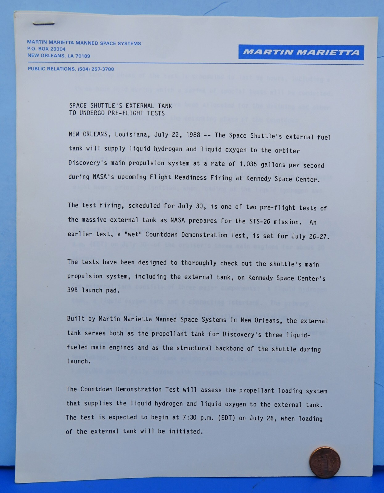 Martin Marietta PRESS Release '88 vtg Space Shuttle EXTERNAL TANK Discovery NASA