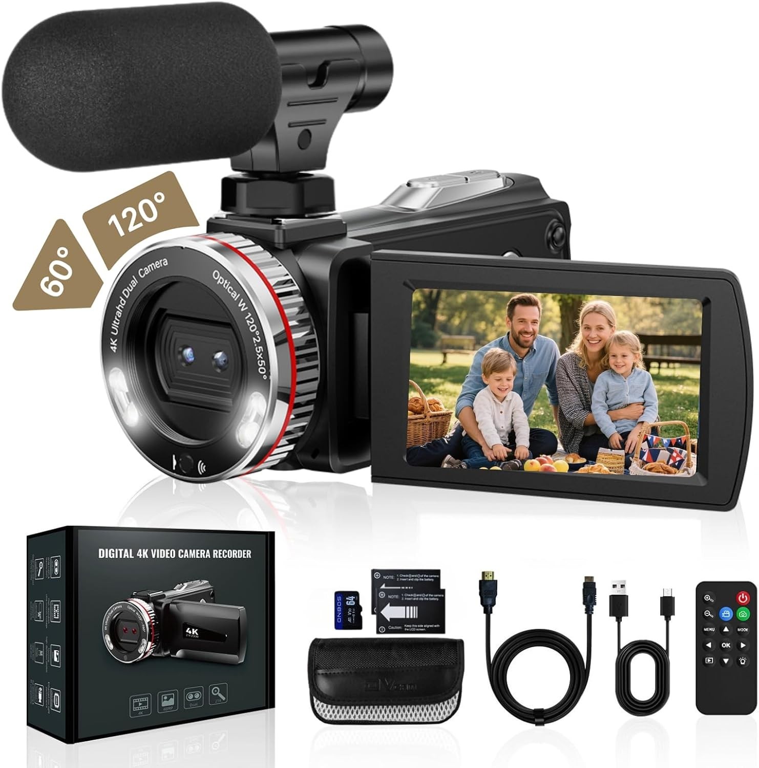 4K 60FPS Video Camera HDMI & Mic Rotatable Screen
