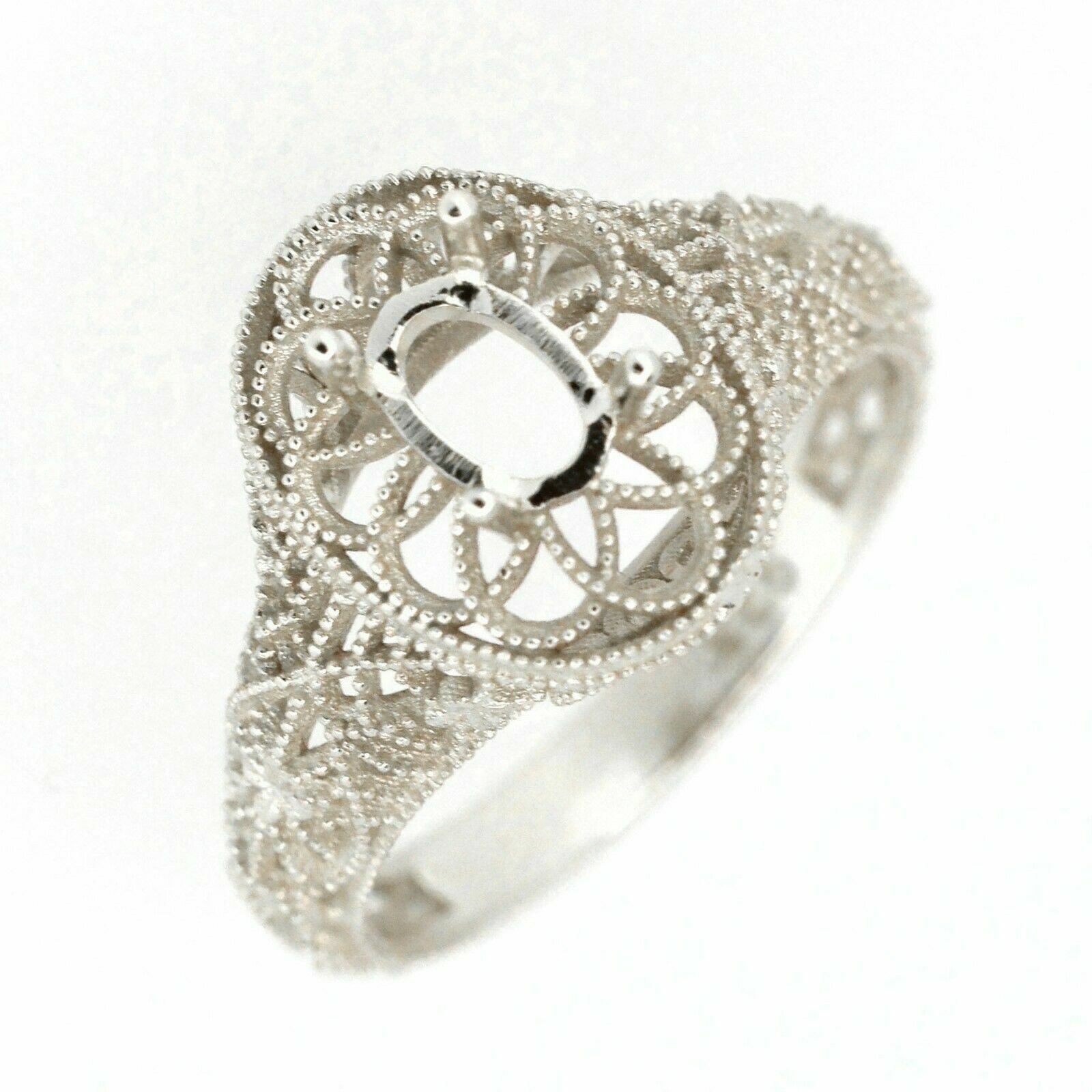 Sterling Silver Semi Mount Ring Setting Oval OV 6x4mm Art Deco Style