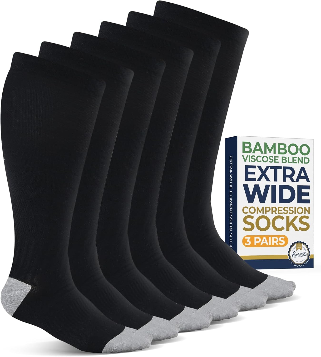 Pembrook 3 Pairs Plus Size Compression Socks Wide 3X-Large, Black - 3