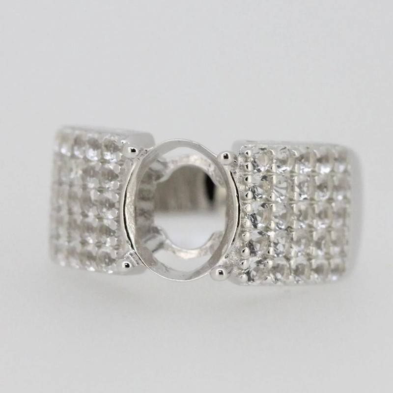 925 Sterling Silver 10x8mm Oval Semi Mount Women Ring Wide 4-Row Pavé Band Ring