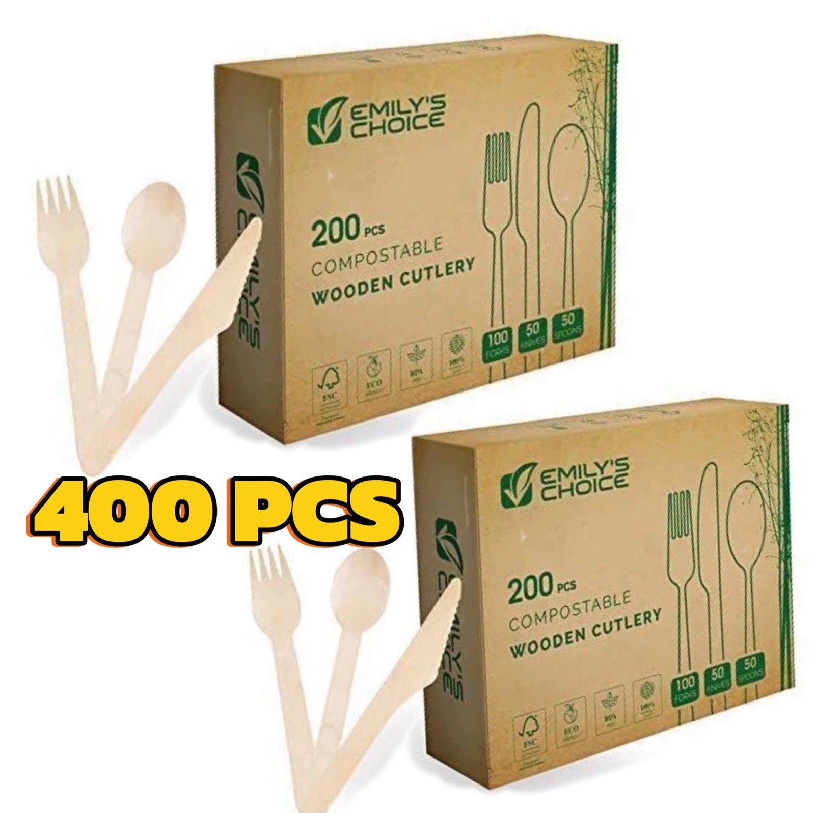400 Pcs Disposable Cutlery, Forks Knives Spoons Combo Pack Utensils Compostable