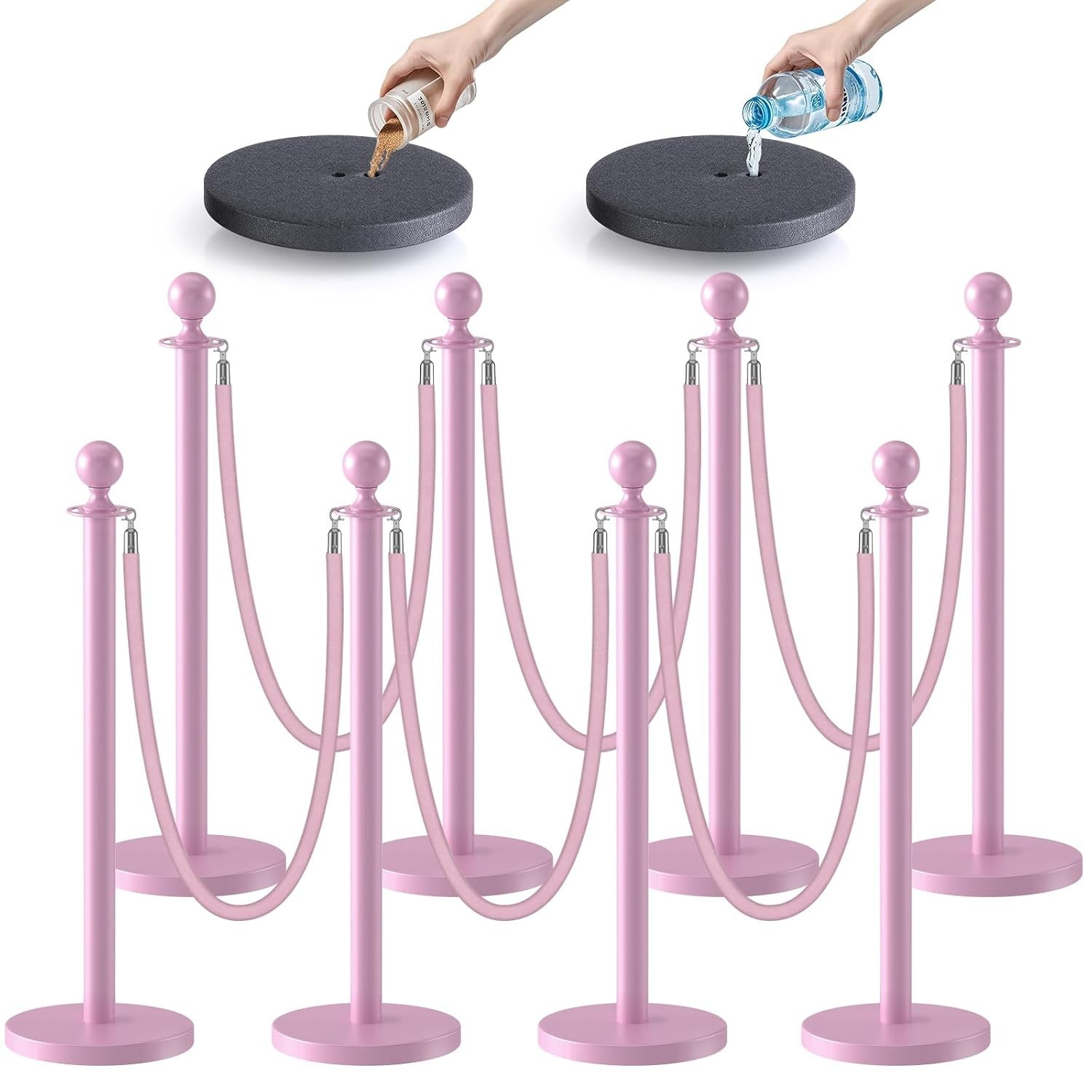 8 Stanchions Iron 35" Posts & 5' Velvet Ropes, Pink Fillable Base Decor Barrier