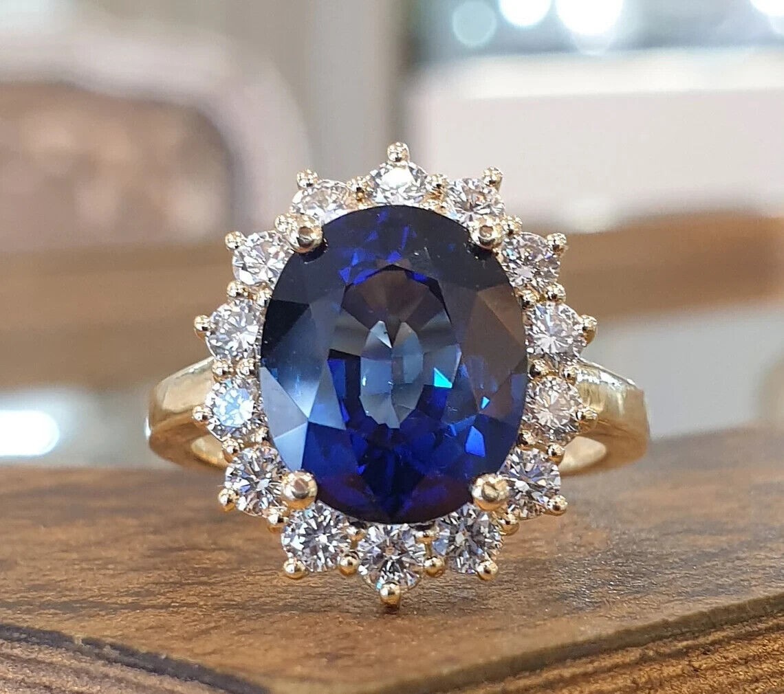 6.00 Ct Oval Cut Natural Sapphire & Diamond Wedding  Ring 18K Yellow Gold Size 7