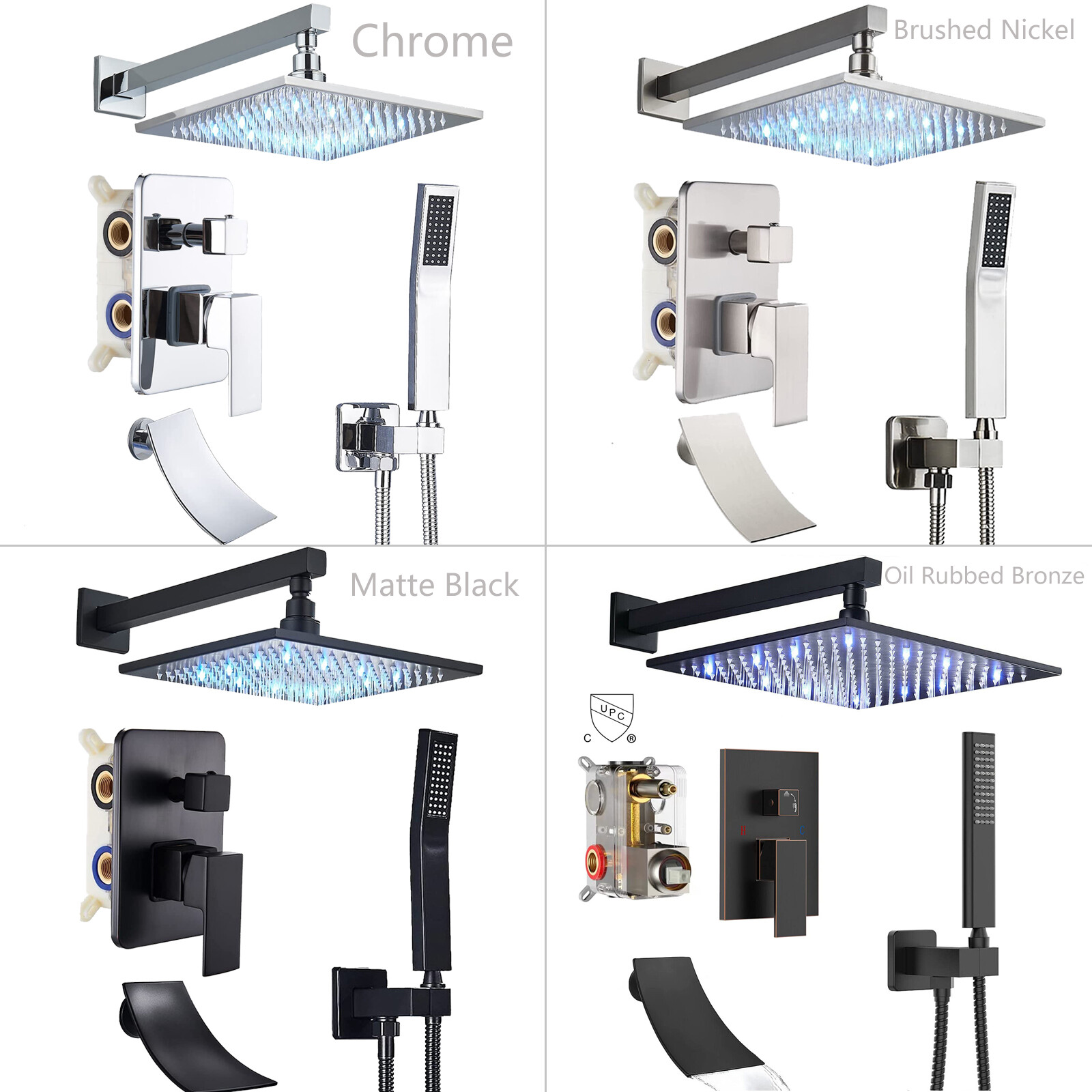 3 Function Shower Faucet Set System LED Rain Shower Head Combo Tub Filler Spout