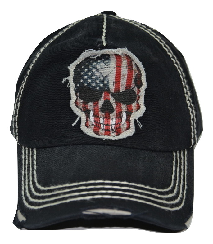 Patriotic Skull USA Vintage Distressed Cotton Cap Dad Hat  Black or Gray