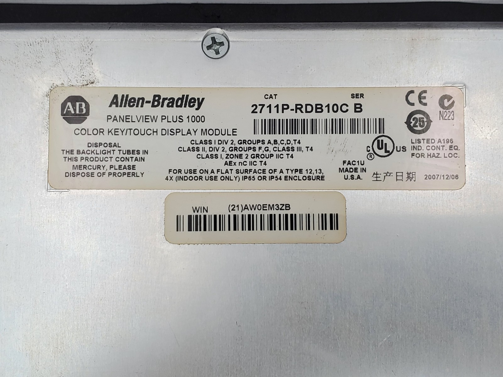 Allen Bradley 2711P-B10C4A2 PanelView Plus 1000 Operator Interface 240V 1.3A