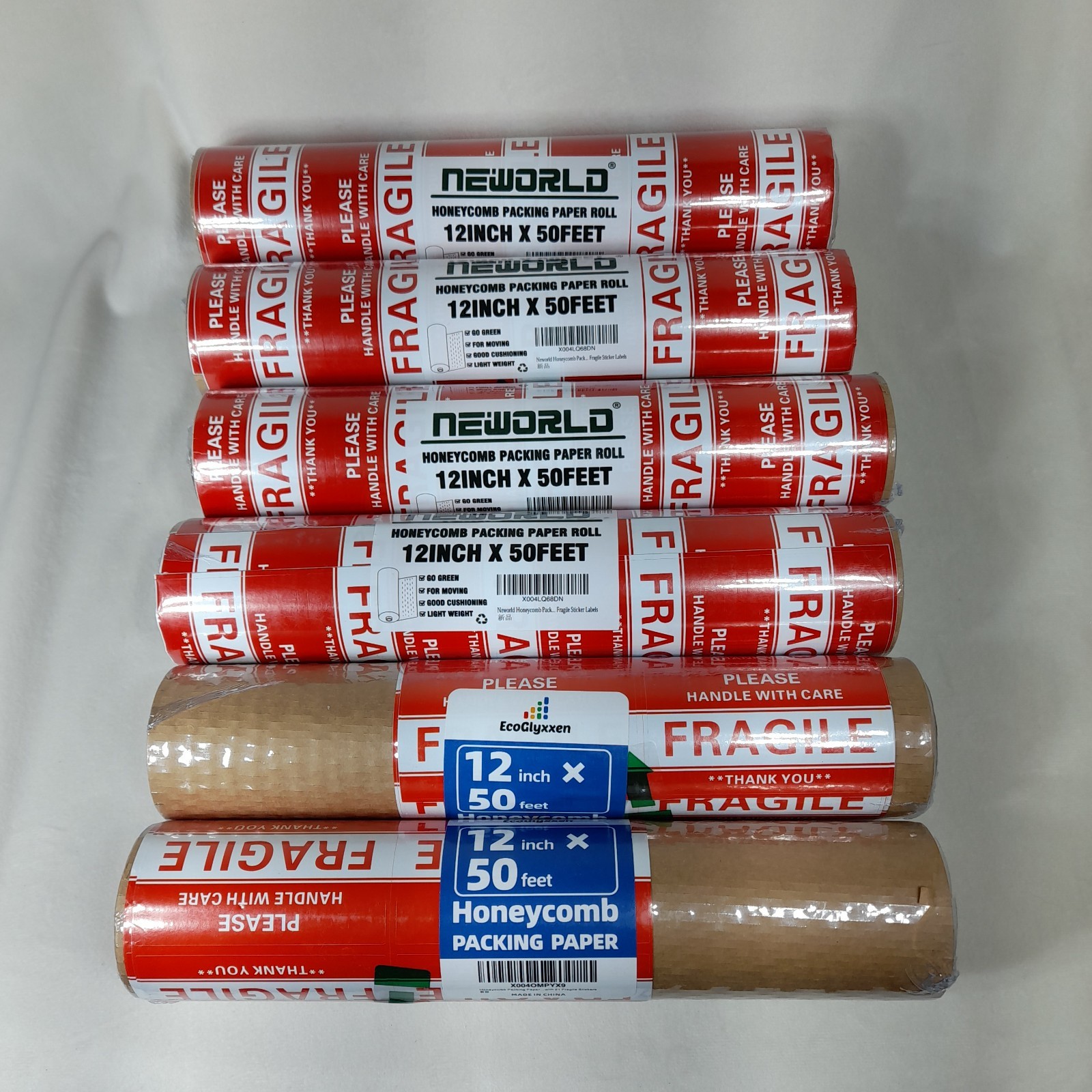 6 rolls of 12"x50' Brown Honeycomb Packing Paper +Fragile stickers,Ship Supplies