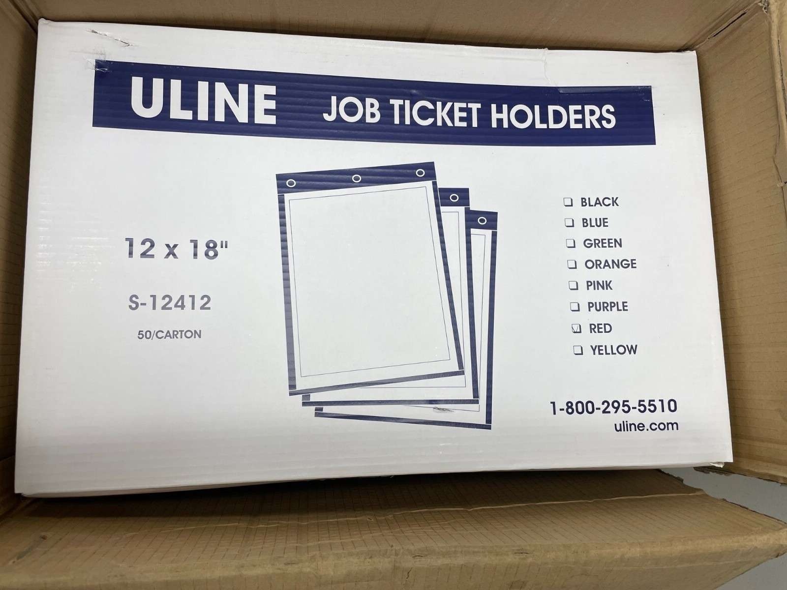 ULINE Job Ticket Holders - 12 x 18", Red- S-12412 - Carton Of 50 NEW S-12412R