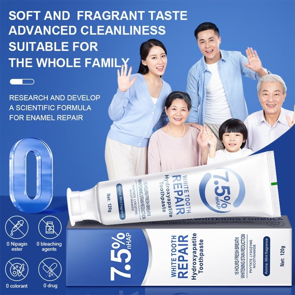 2 Pasta dental con 7.5% Nano Hidroxiapatita, sin flúor, 4oz, blanqueadora