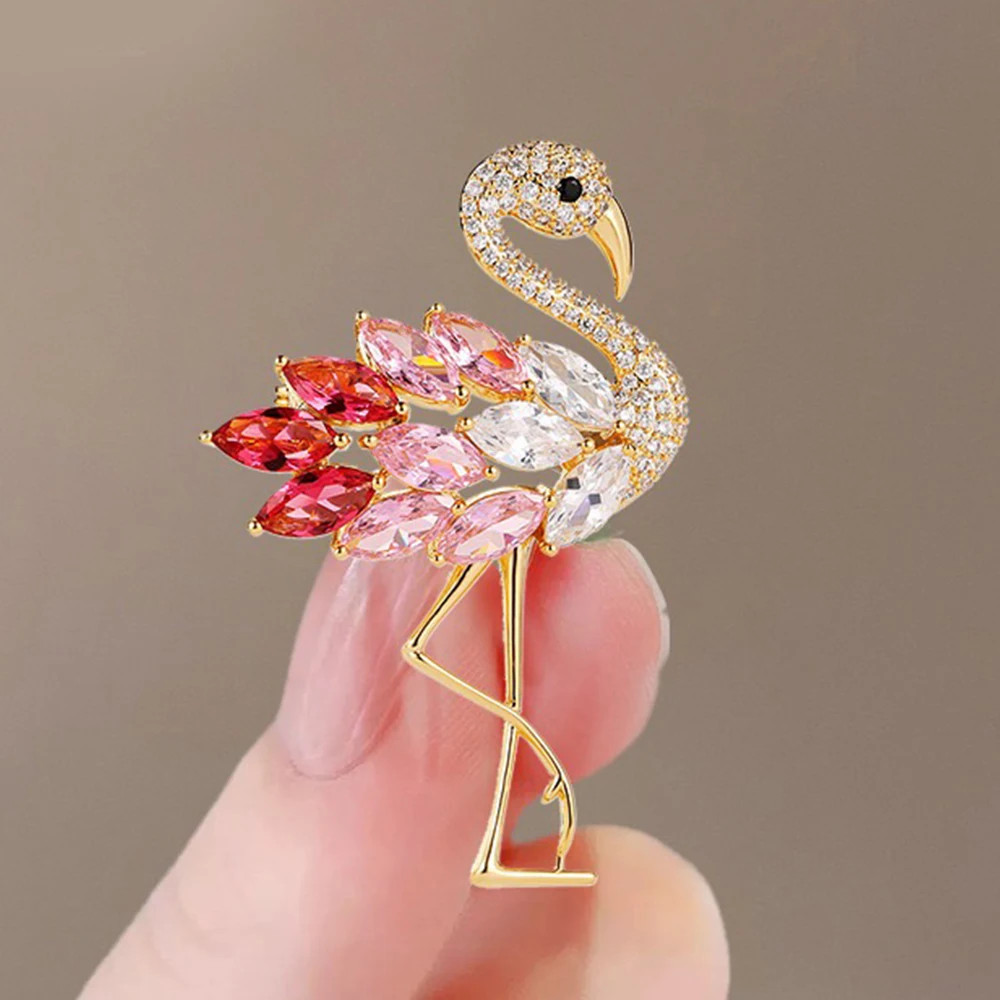Pink Crystal Flamingo Bird Brooches For Women Gold Tone Animal Jewelry, Summer