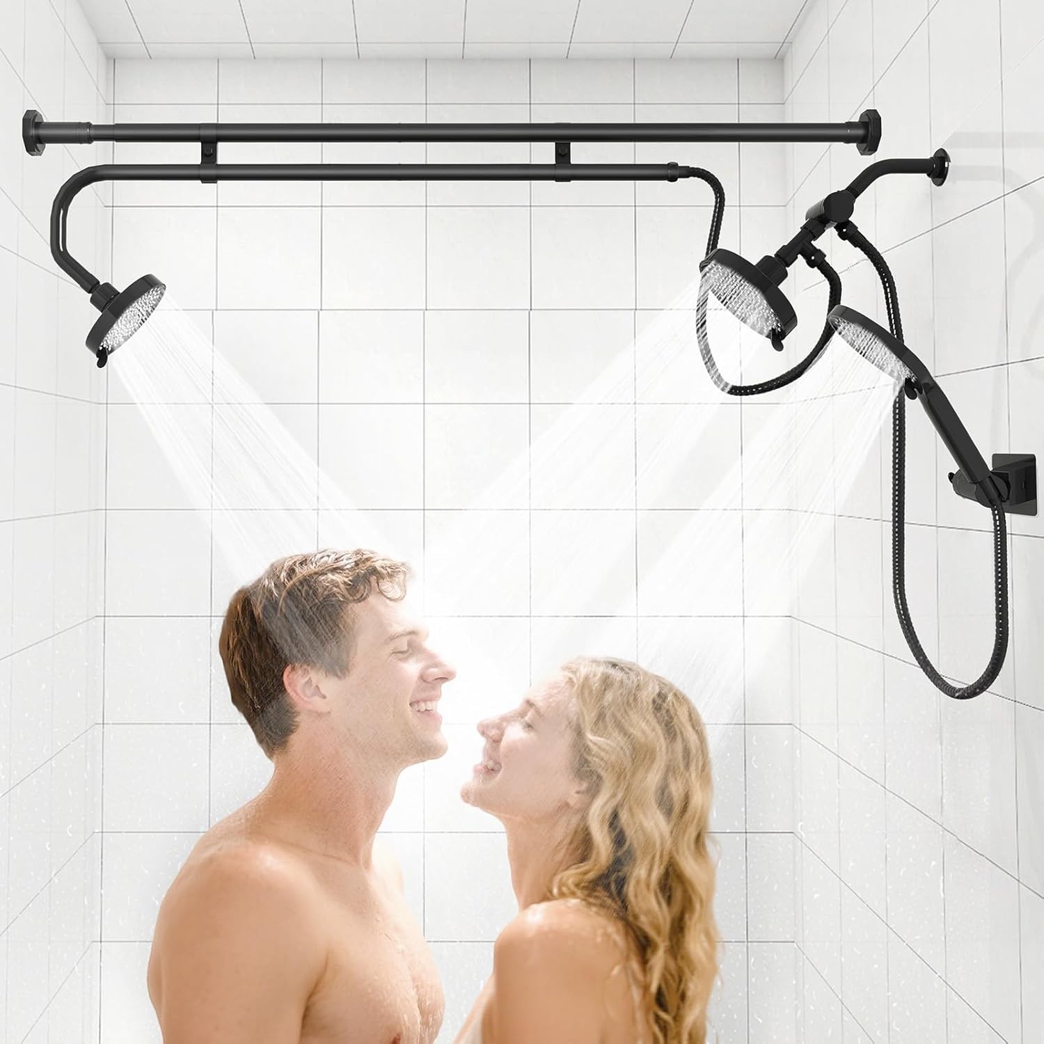 Tandem Shower Head, Dual Shower Heads for Two People & Handheld Head, Triple