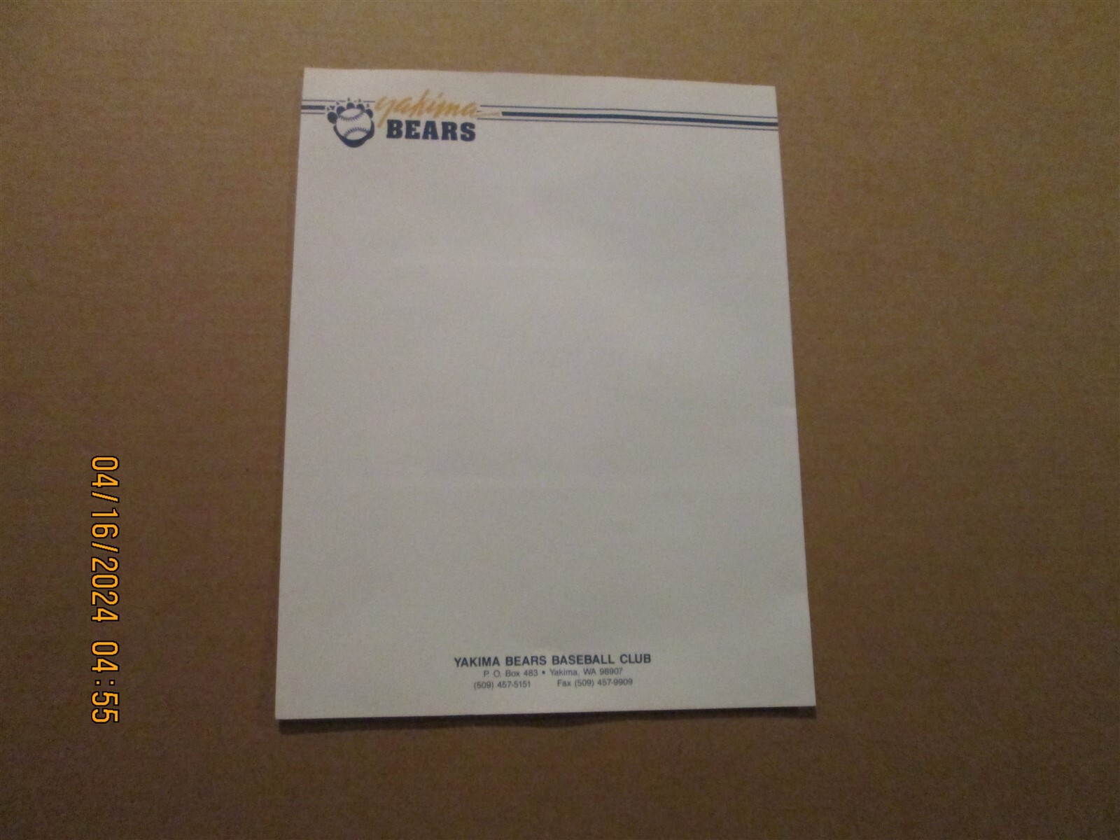 Northwest League Yakima Bears Vintage Circa 1990's Unused Team Logo Letterhead