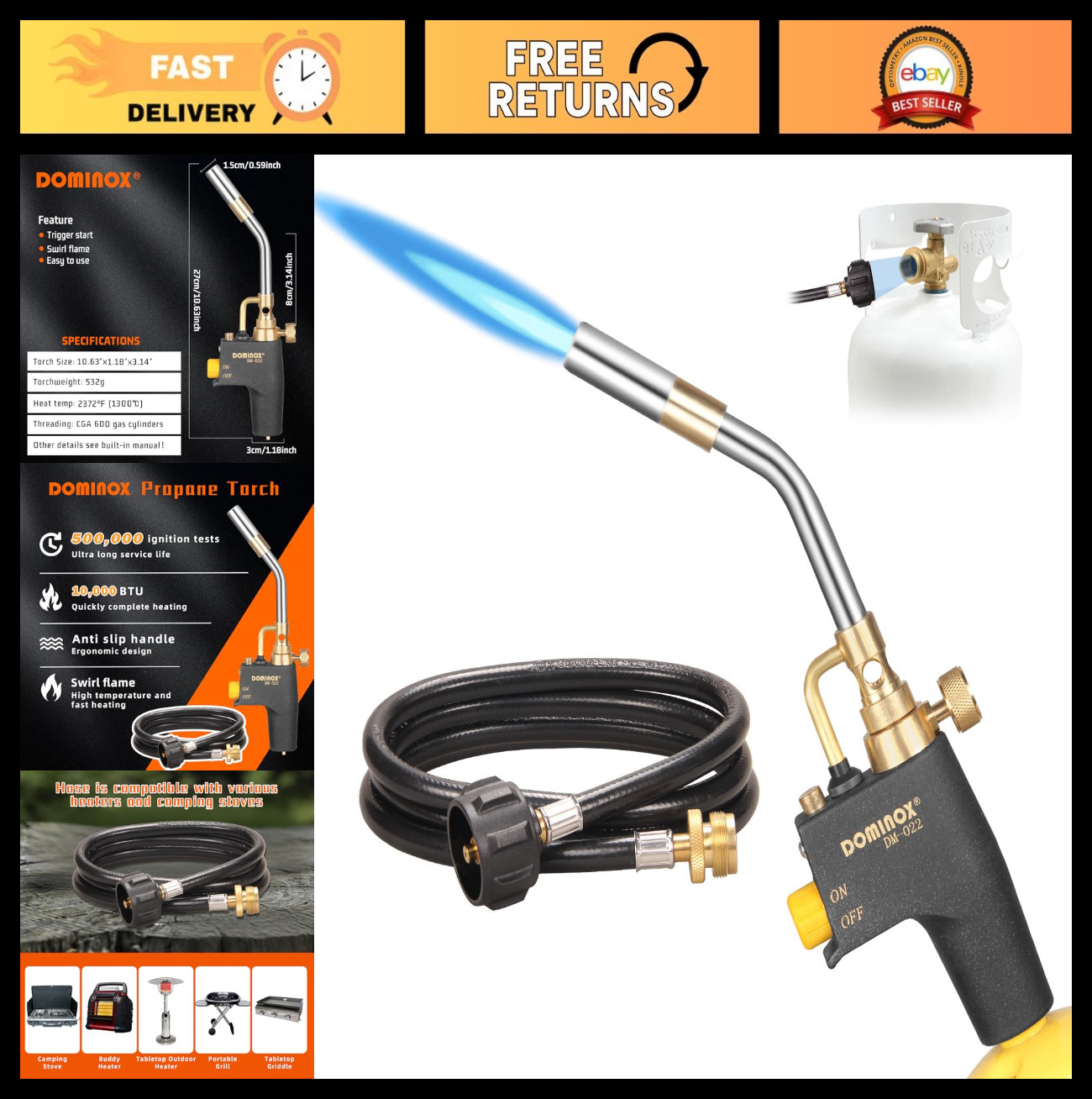 High-Intensity Propane Torch Head with 5FT Hose, Gas Soldering Kit, Trigger Star
