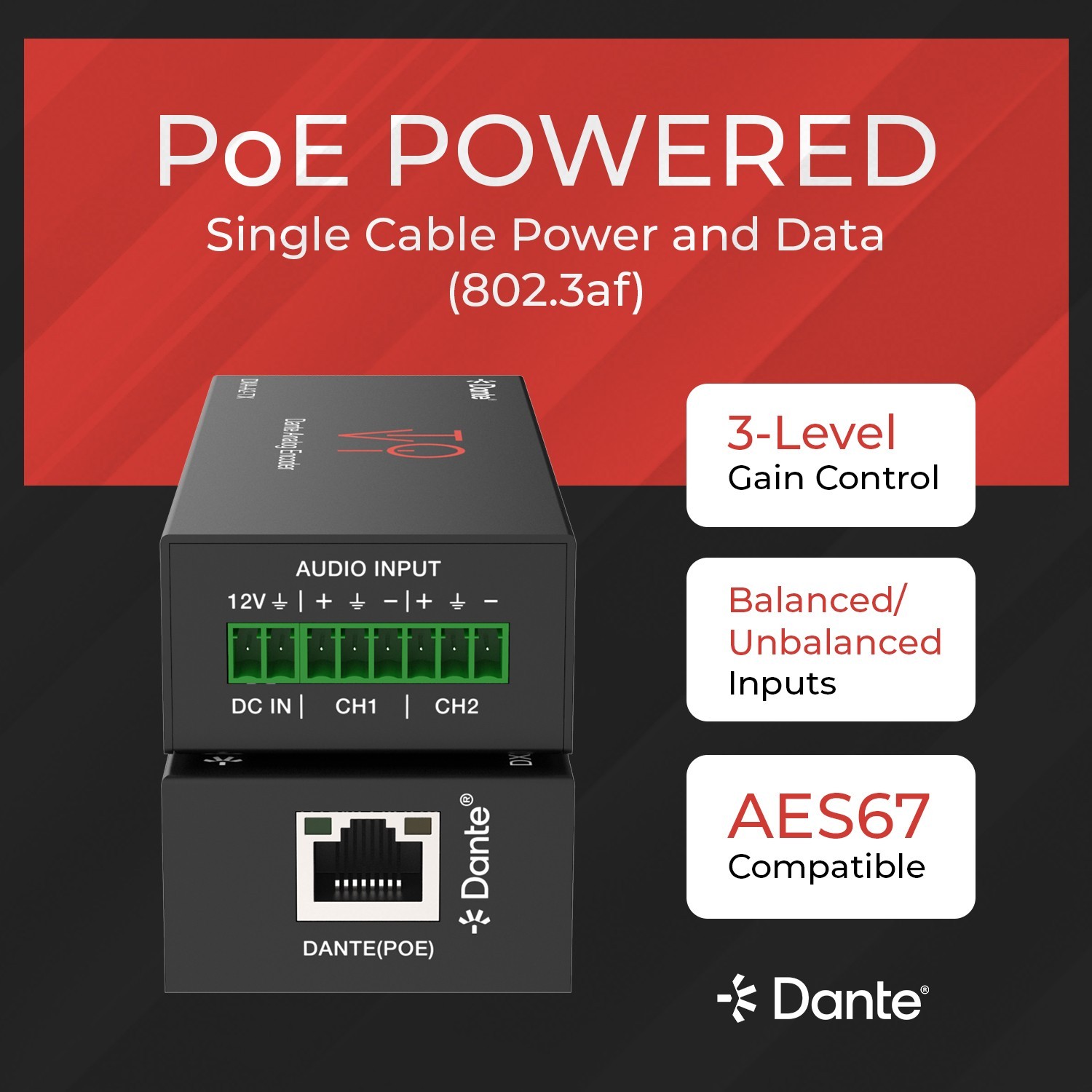 Dante 2CH Analog Audio Encoder with POE - (DXA-A2-TX)