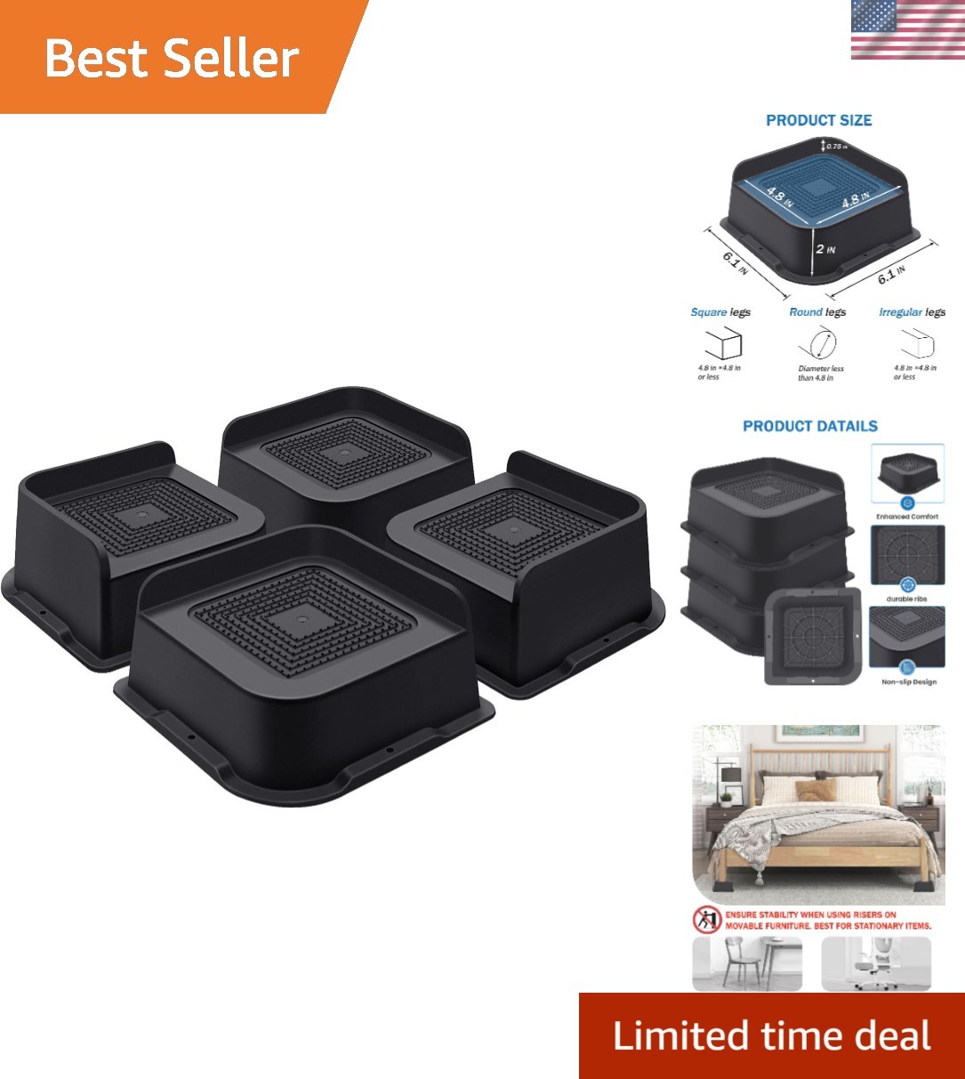 Sturdy 2 Inch Bed & Couch Risers - 4 Pack, Maximum Stability & Floor Protection