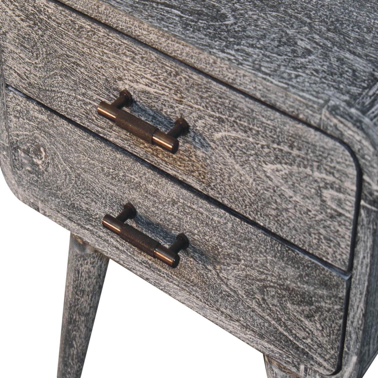 Solid Wood Sandblasted Ash Curved Bedside, 2-Drawers, Gray,Solid mango wood