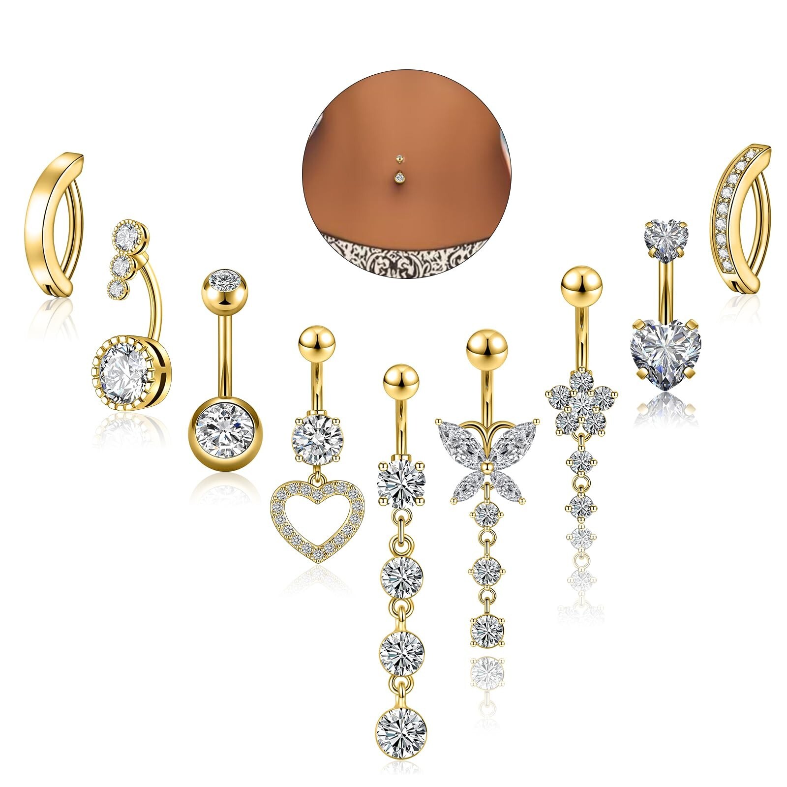 9PCS Belly Button Ring Dangle Stainless Steel Belly Rings 14G 1.6MM Belly Pie...