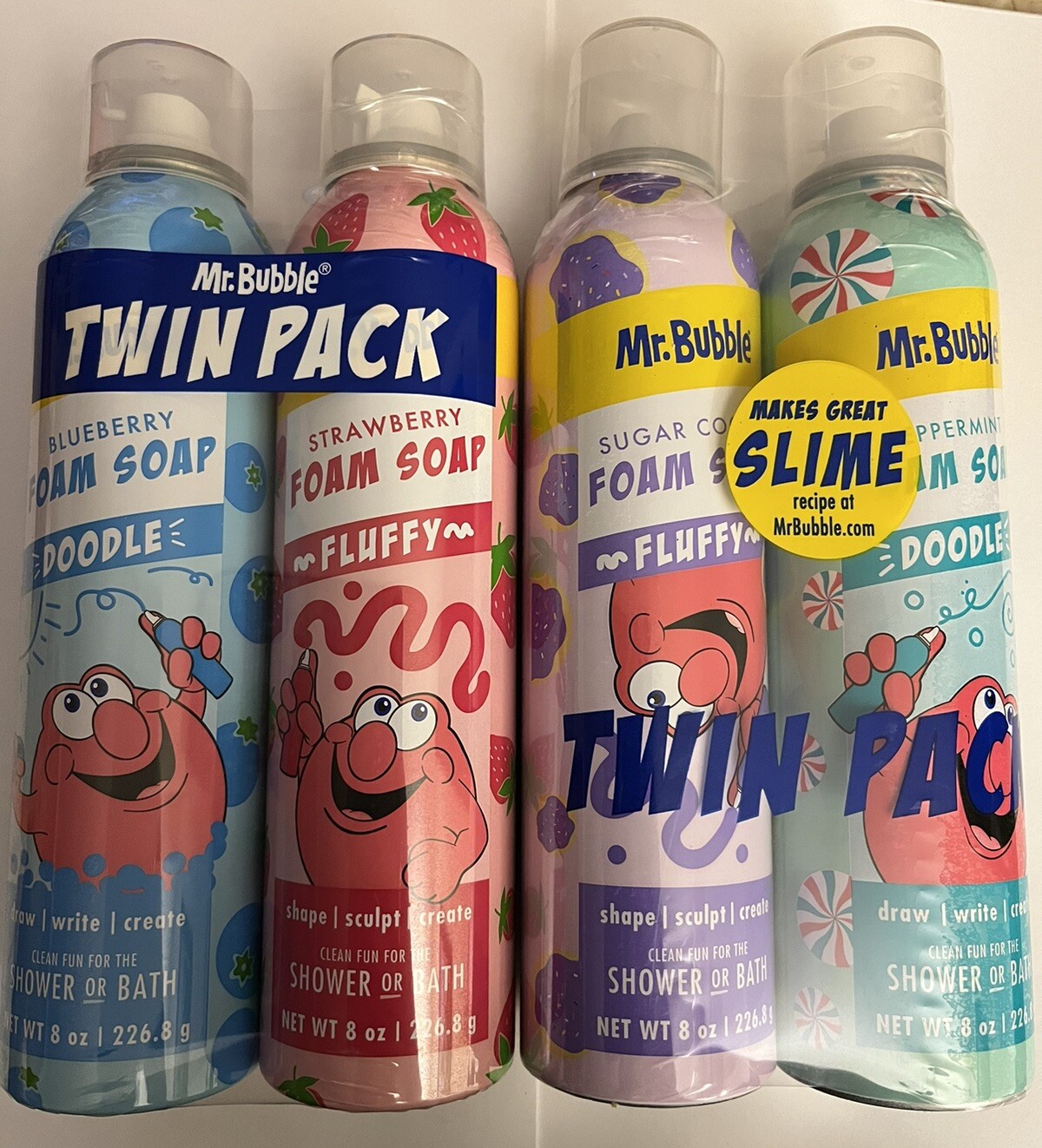 Lot of 4 MR BUBBLE Foam Soap, BLUEBERRY, STRAWBERRY, SUGAR COOKIE & PEPPERMINT