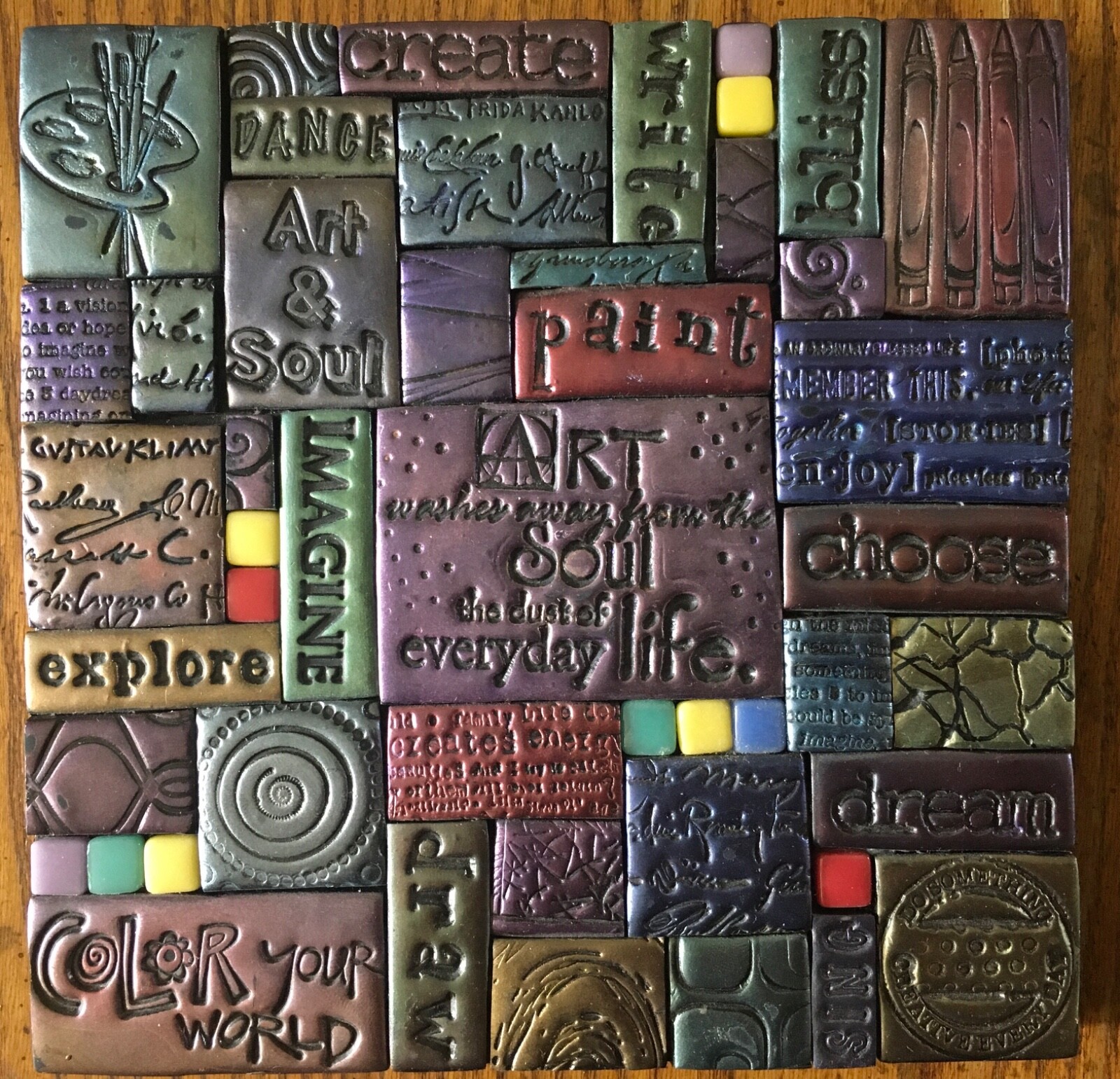 Studio art Polymer Clay mosaic tile 6” square title Art & Soul words 2018 signed