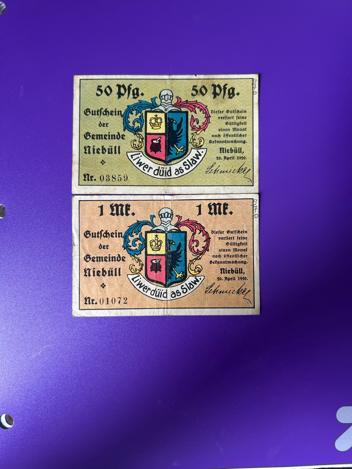Germany.  Notgeld.  1920   Niebull  Set of 2 Notes