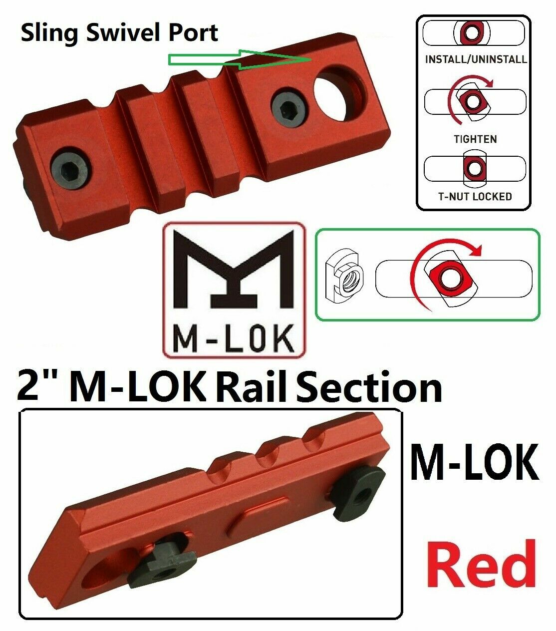US Anodized Red Color Aluminum  2 Inch 3 Slots Rail Section Screws Nuts Included