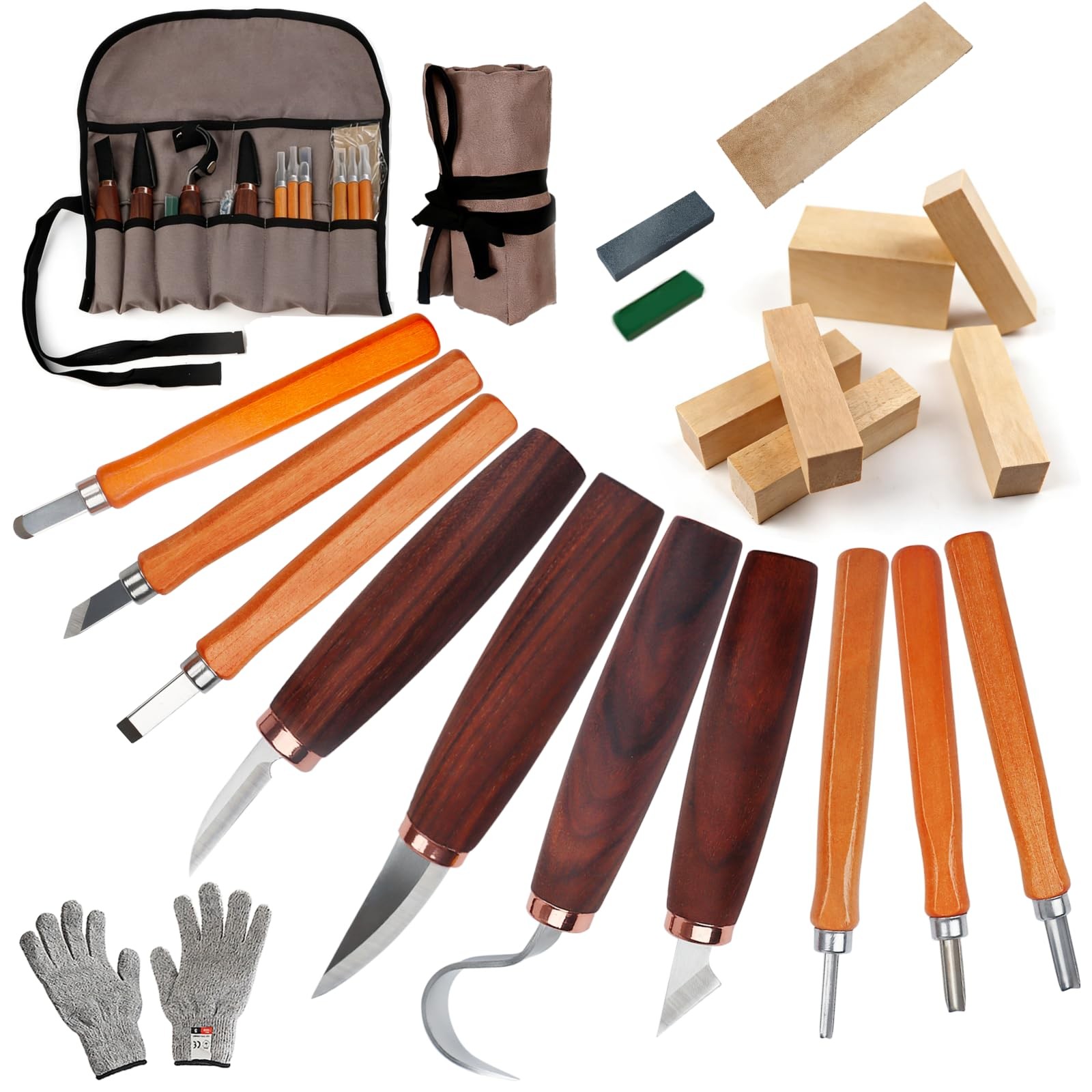 21-Piece Wood Carving Tools Kit - Complete Whittling Set with Detail Knives, ...