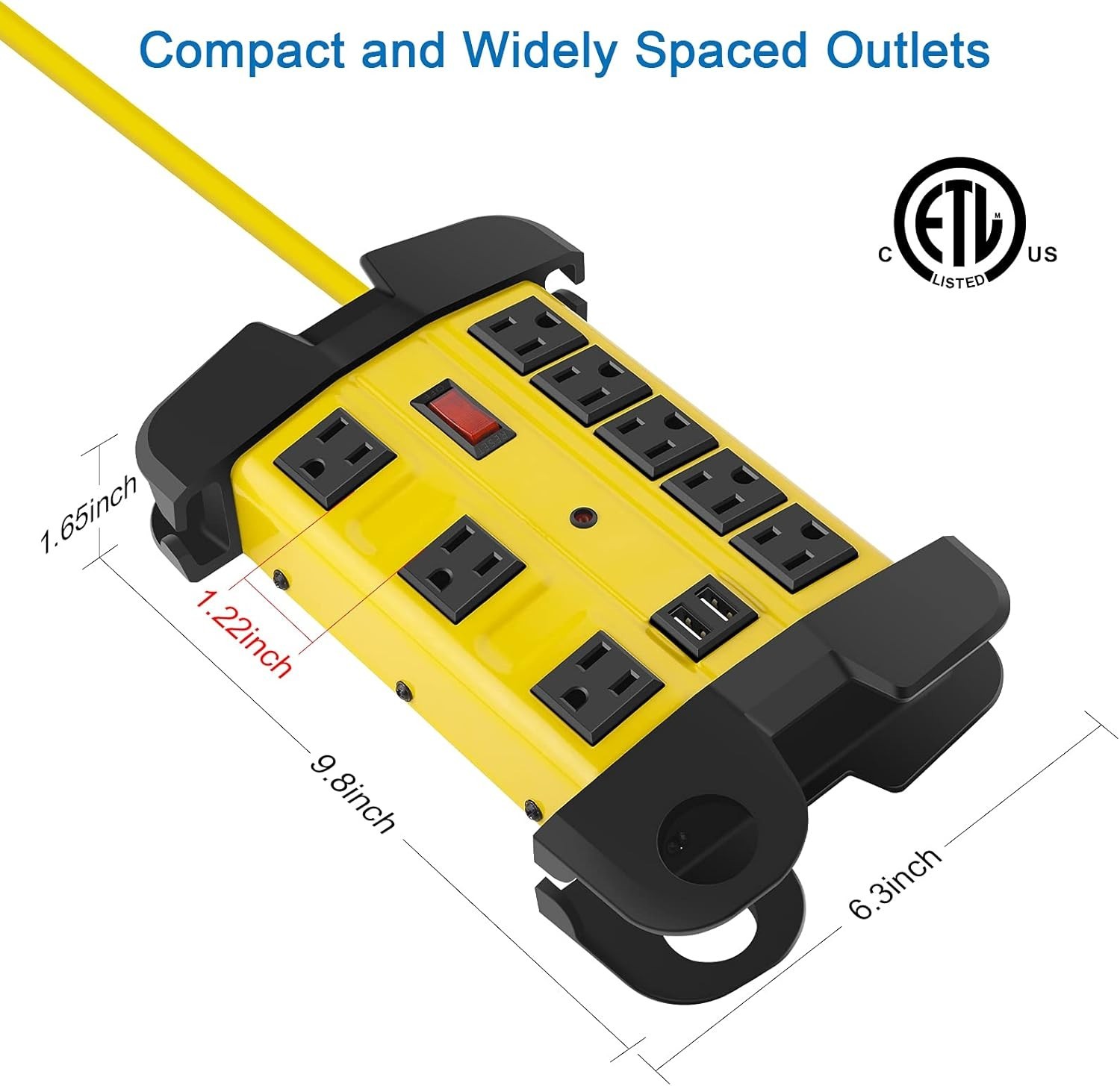 Heavy Duty 12FT Power Strip with 8 Outlets & USB, Ideal Workshop Surge Protector