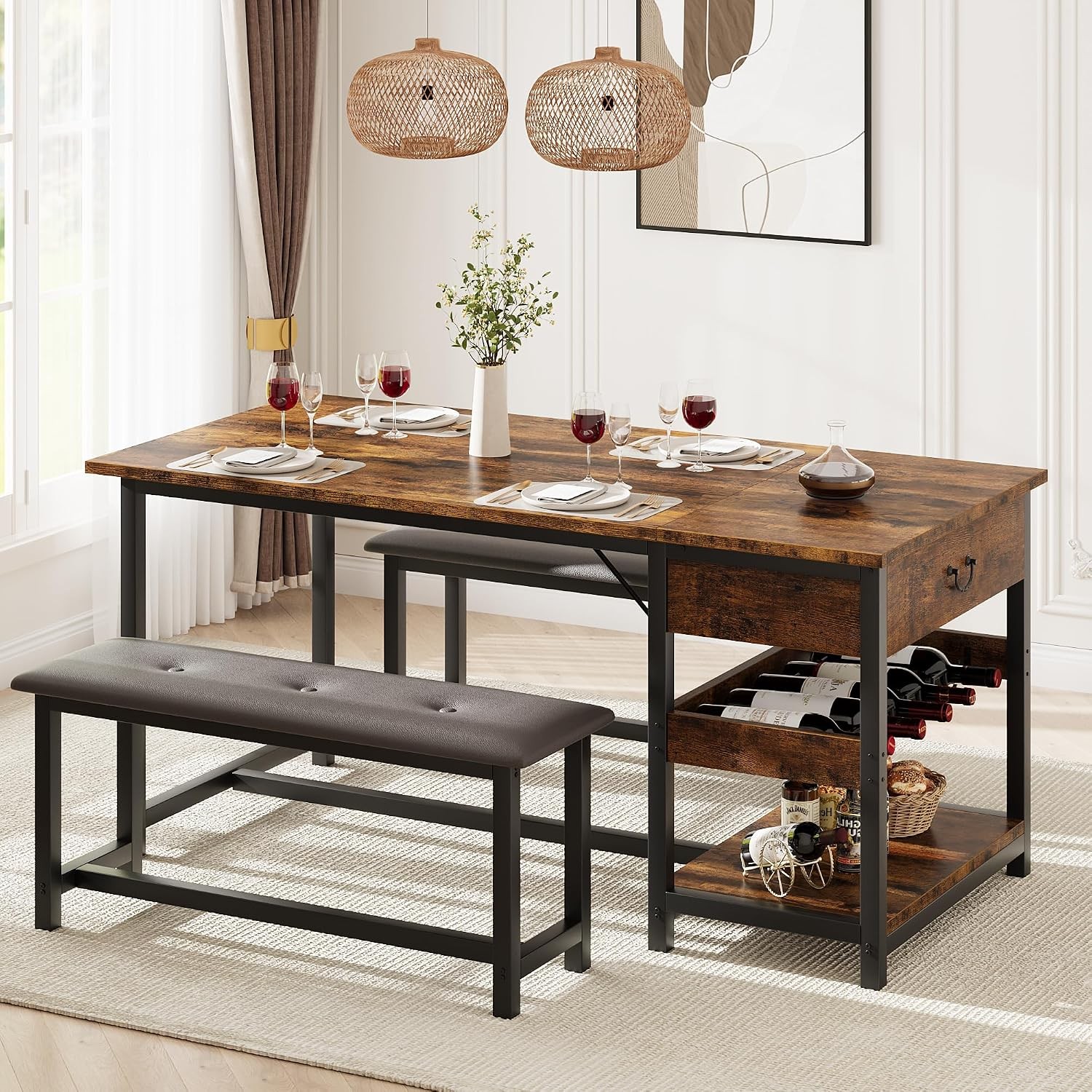 Dining Table Set 4 W/ Storage Drawers & Wine Rack Kitchen Table & Upholstered