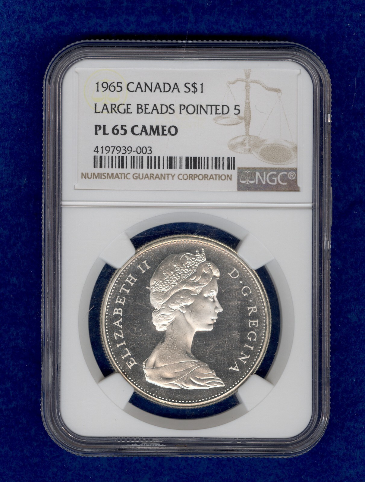 1965 Canadian Silver Dollar Large Beads Pointed 5 NGC PL 65 Cameo KM#64.1