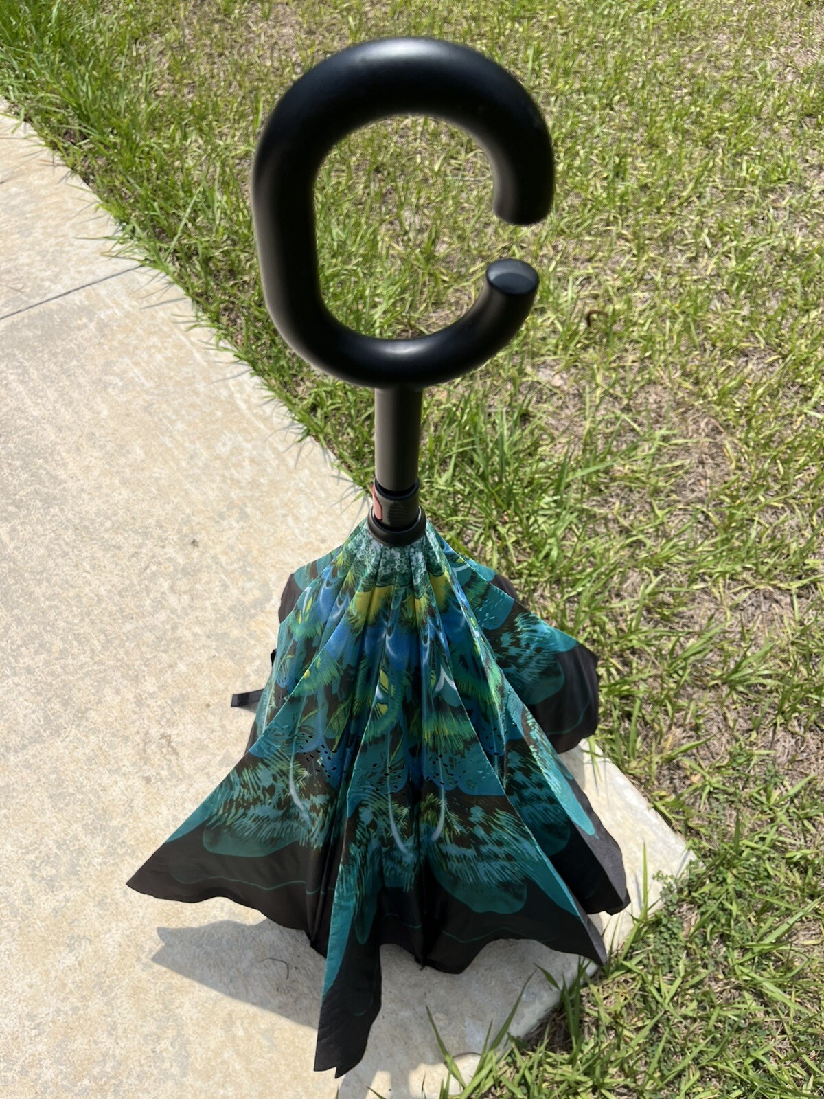C-Handle Inverted Reverse Umbrella, Peacock Feathers (Inside Out, Upside Down)