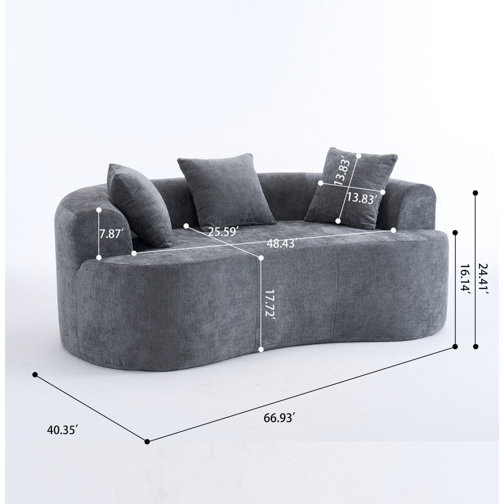 Crescent-shaped sofa, modern low-back design with deep cushions, self-inflating