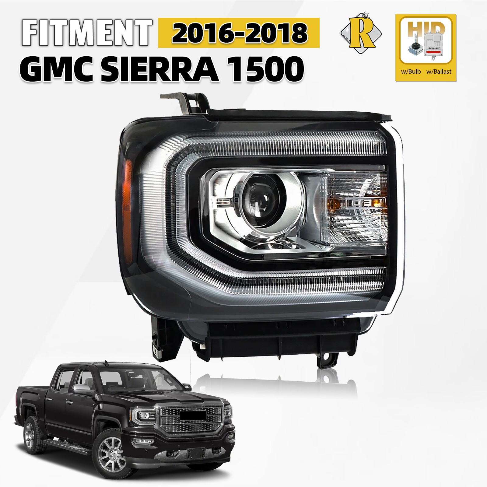HID/Xenon Headlight Assembly W/ Bulb For 2016-2018 GMC Sierra 1500 Passenger RH