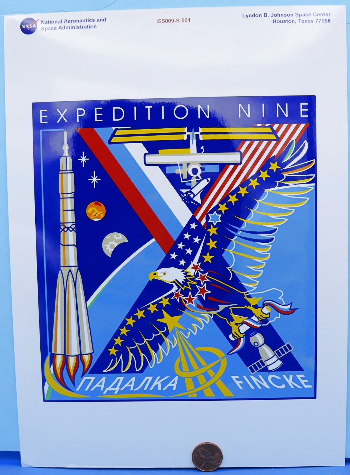 NASA PHOTO vtg ISS Expedition 9 CREW Mission patch Logo / Red Serial # / 11 x 8"