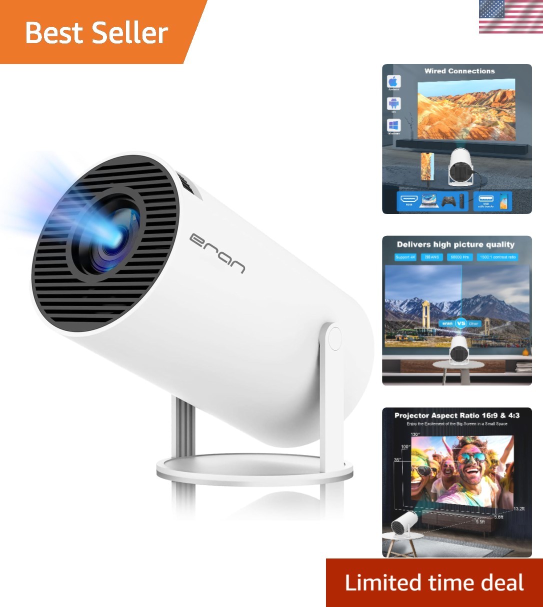 Compact Mini Projector with Android TV, 160 ANSI Lumens & Surround Sound