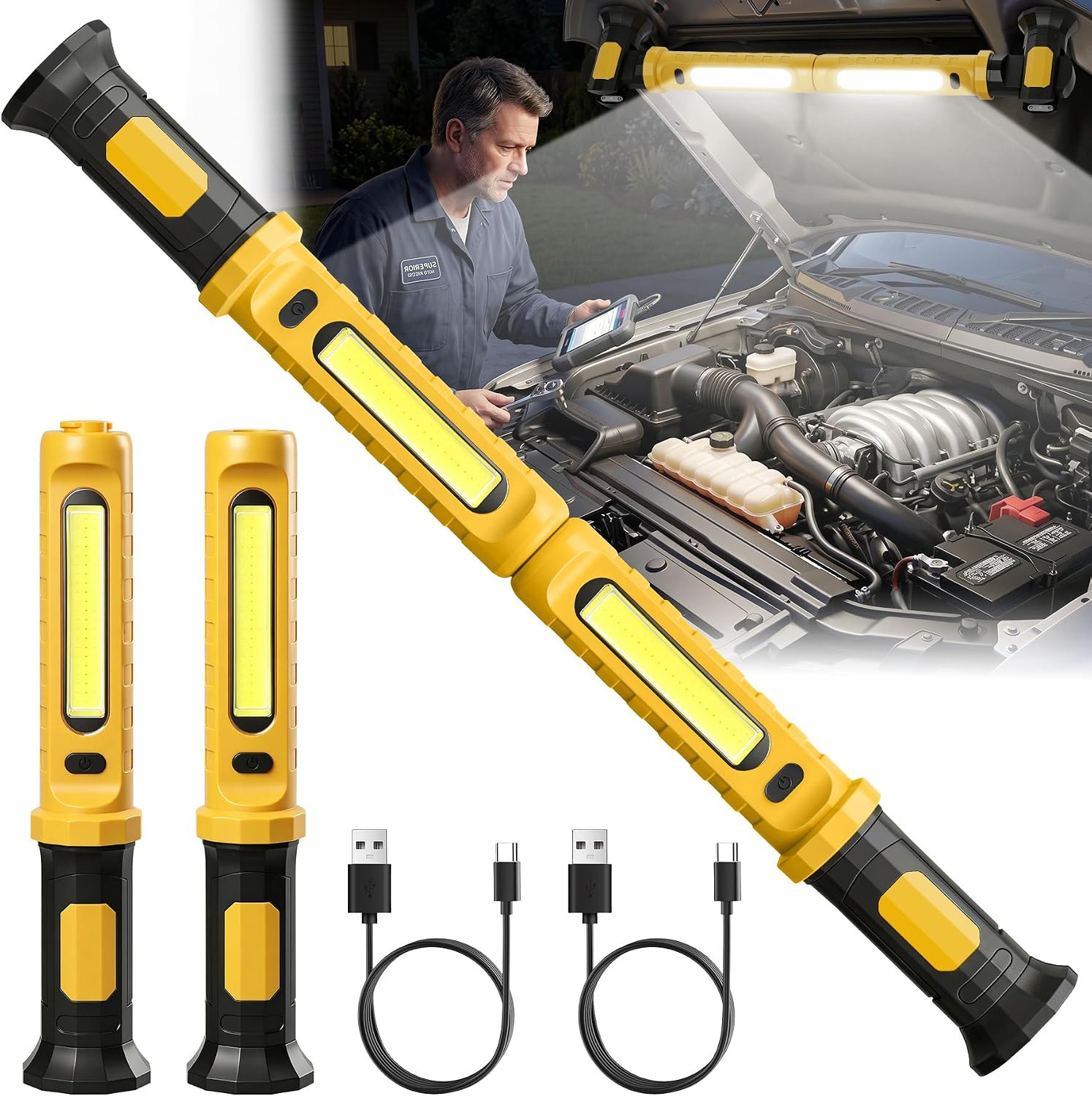 Mechanic Work Light, Rechargeable Work Light Cordless 360° Rotate Light - 2 Pack