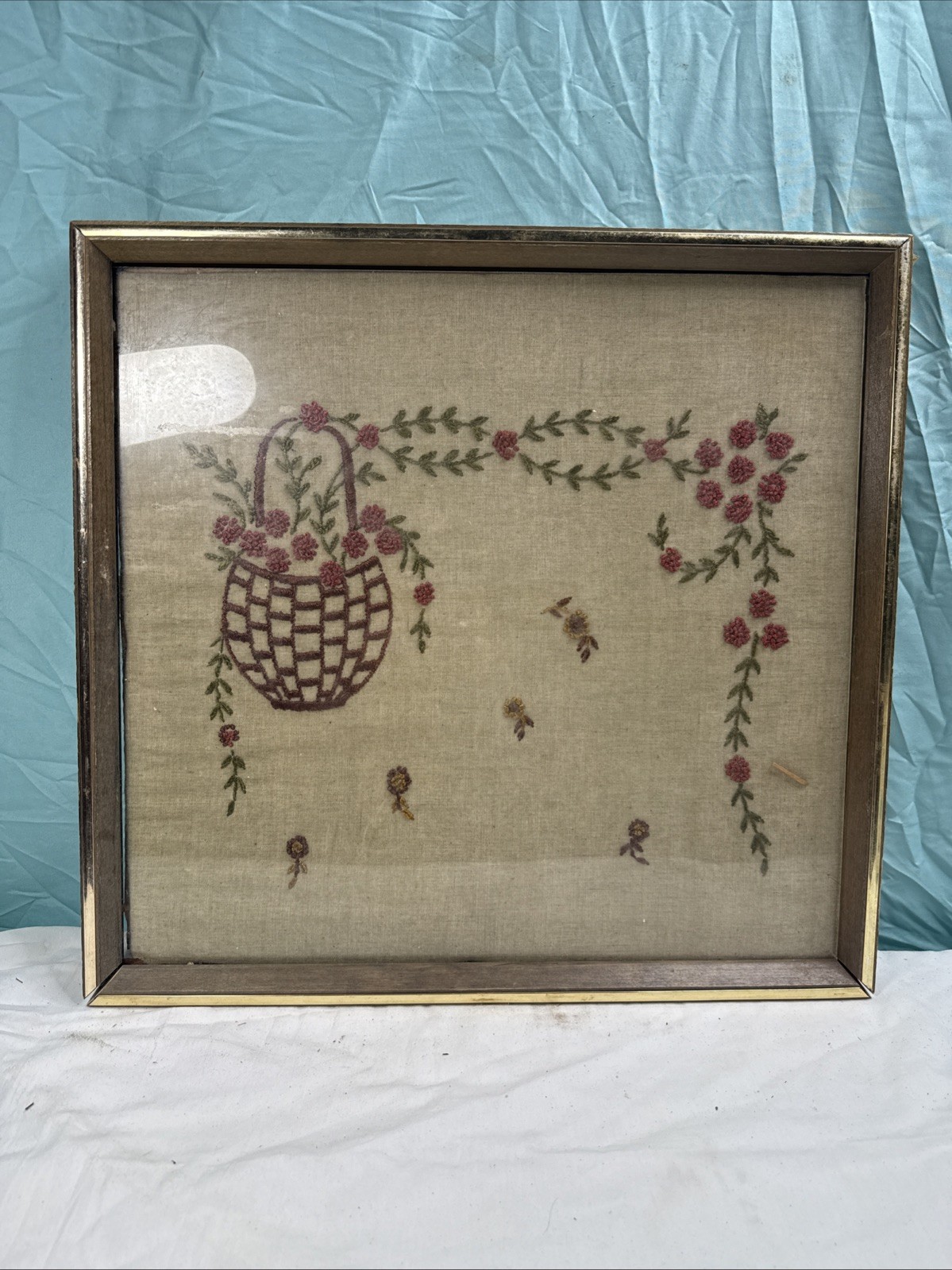 Rare Vintage Basket With Flowers Needwork Framed Art 18.5 ”x19”