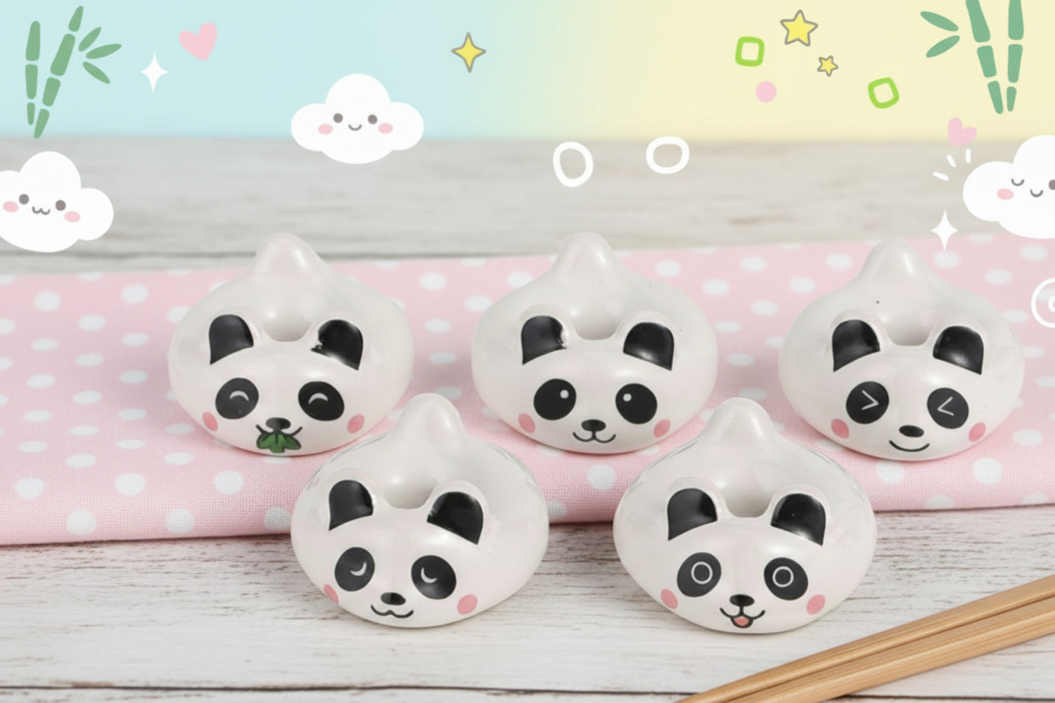 Panda 5 Piece Chopsticks Rest Set with Wood Holder